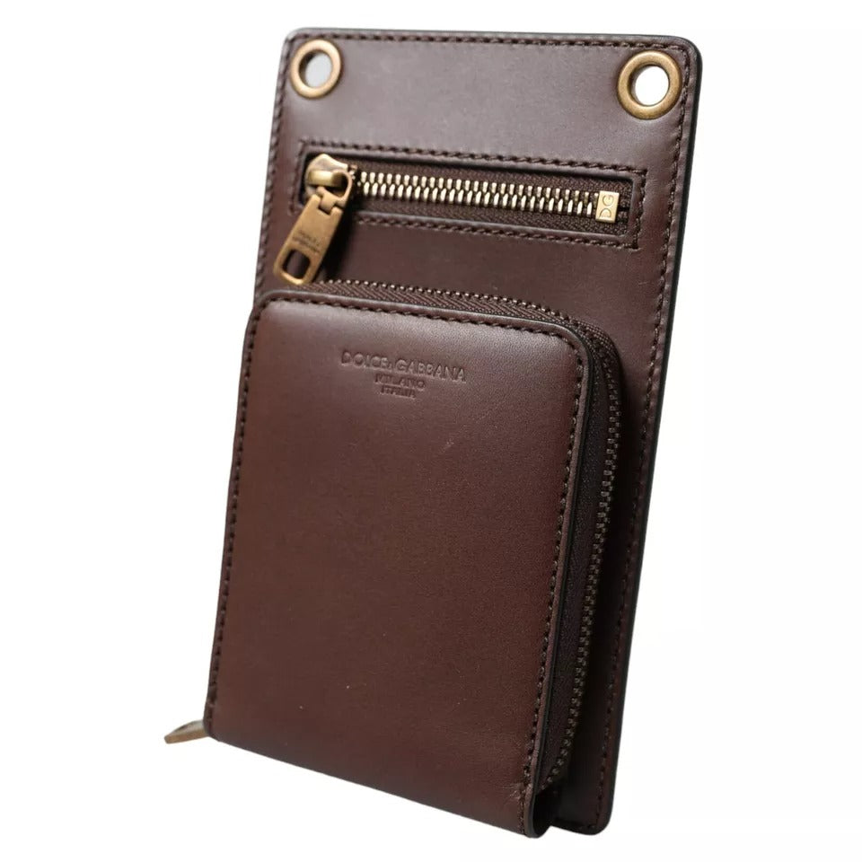 Brown Calf Leather Zip Logo Shoulder Neck Strap Wallet - ventzia