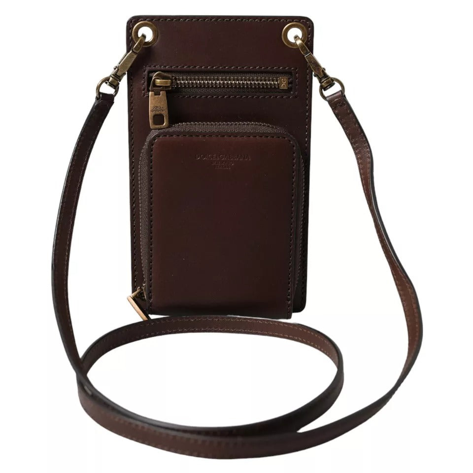 Brown Calf Leather Zip Logo Shoulder Neck Strap Wallet - ventzia
