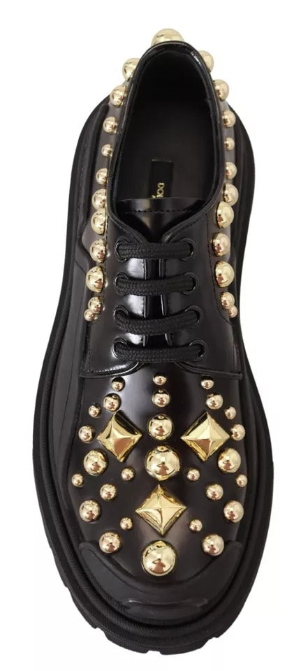 Black Leather Trekking Derby Embellished Shoes - ventzia