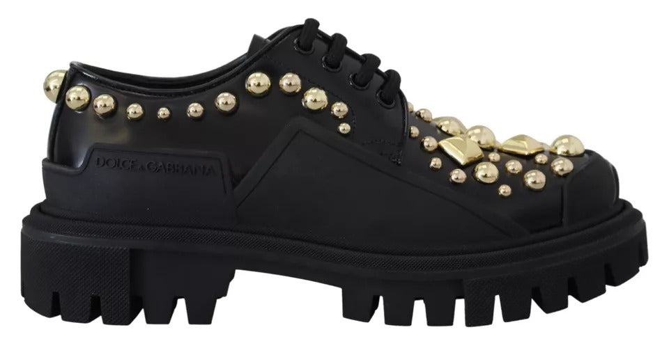 Black Leather Trekking Derby Embellished Shoes - ventzia
