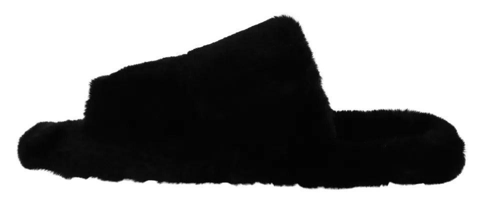 Black Polyester Faux Fur Mens Flats Sandals Shoes - ventzia