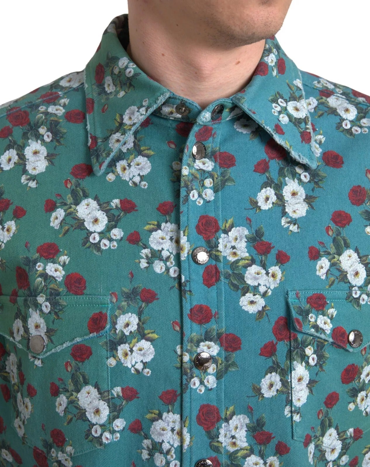 Blue Floral Cotton Button Down Denim Shirt - ventzia