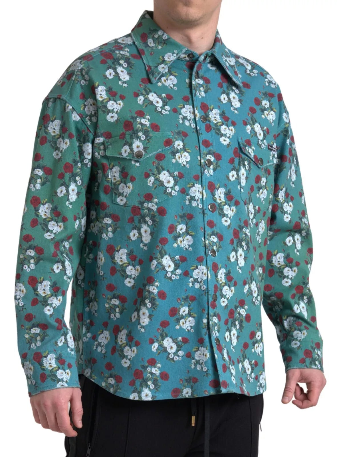 Blue Floral Cotton Button Down Denim Shirt - ventzia