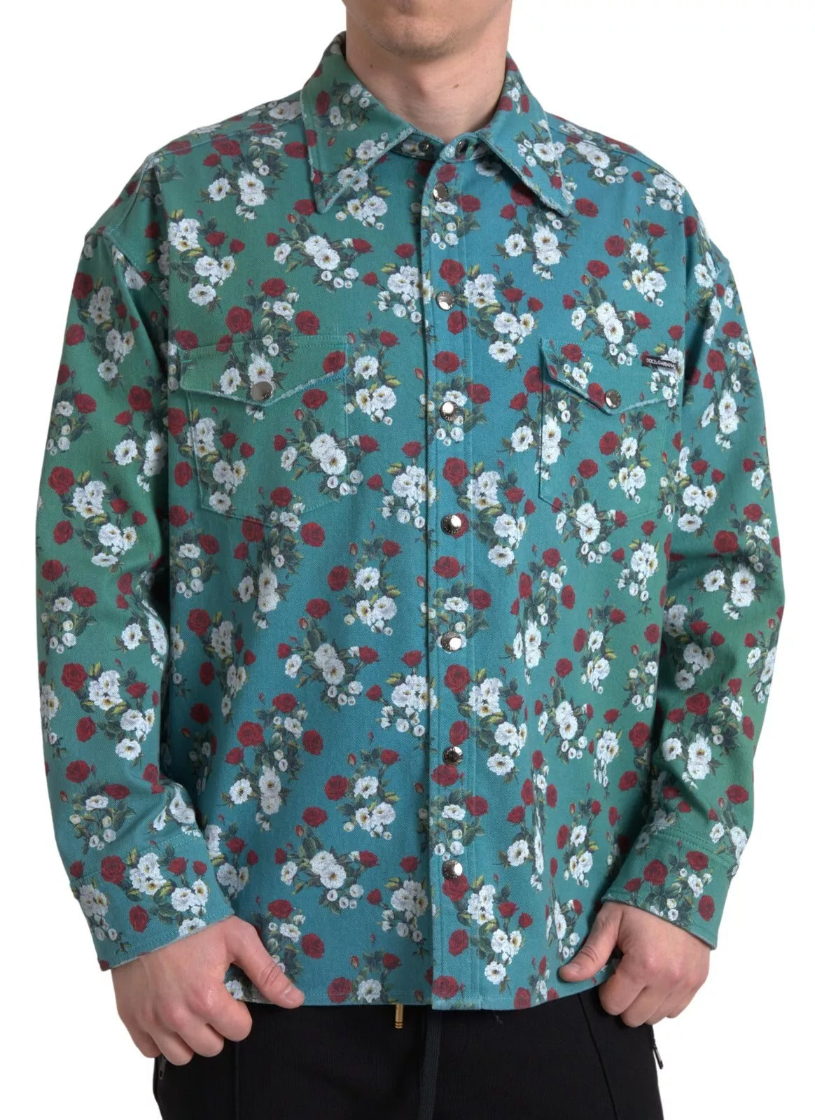 Blue Floral Cotton Button Down Denim Shirt - ventzia