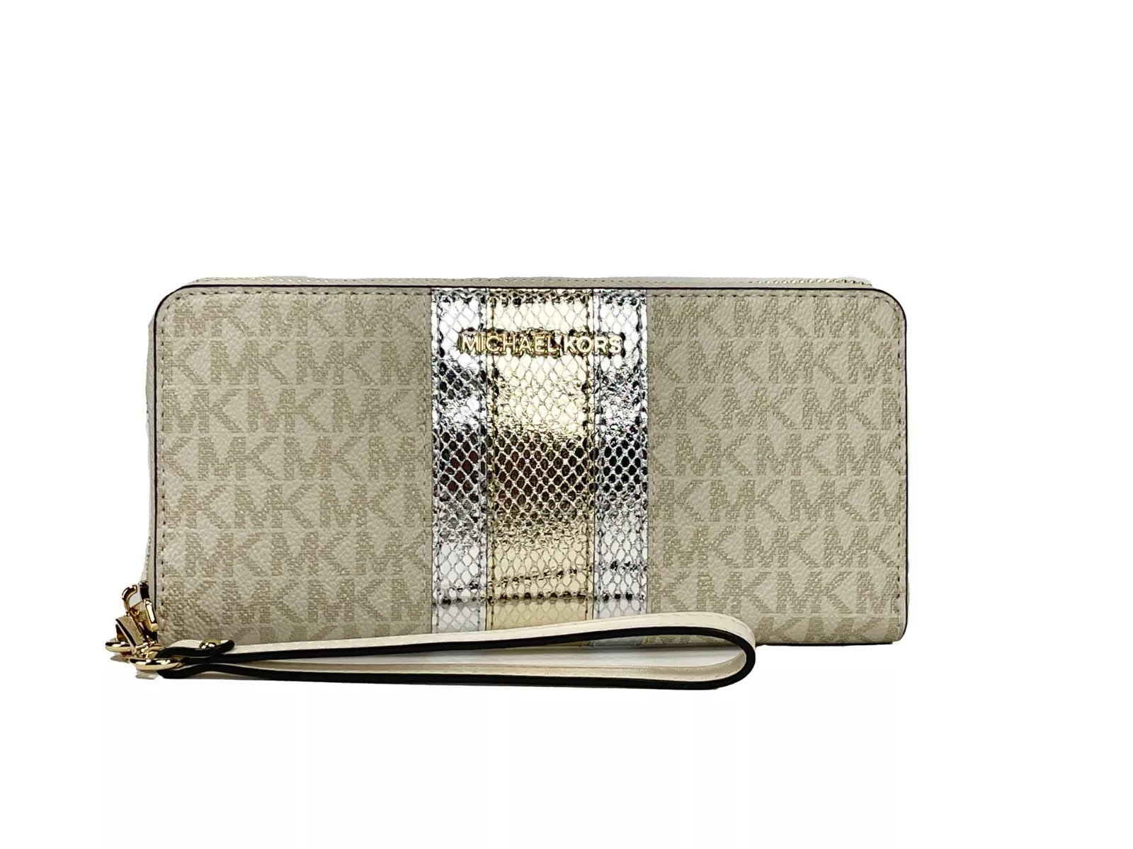 Jet Set Travel Center Stripe Signature Continental Wallet Vanilla Pale Gold - ventzia