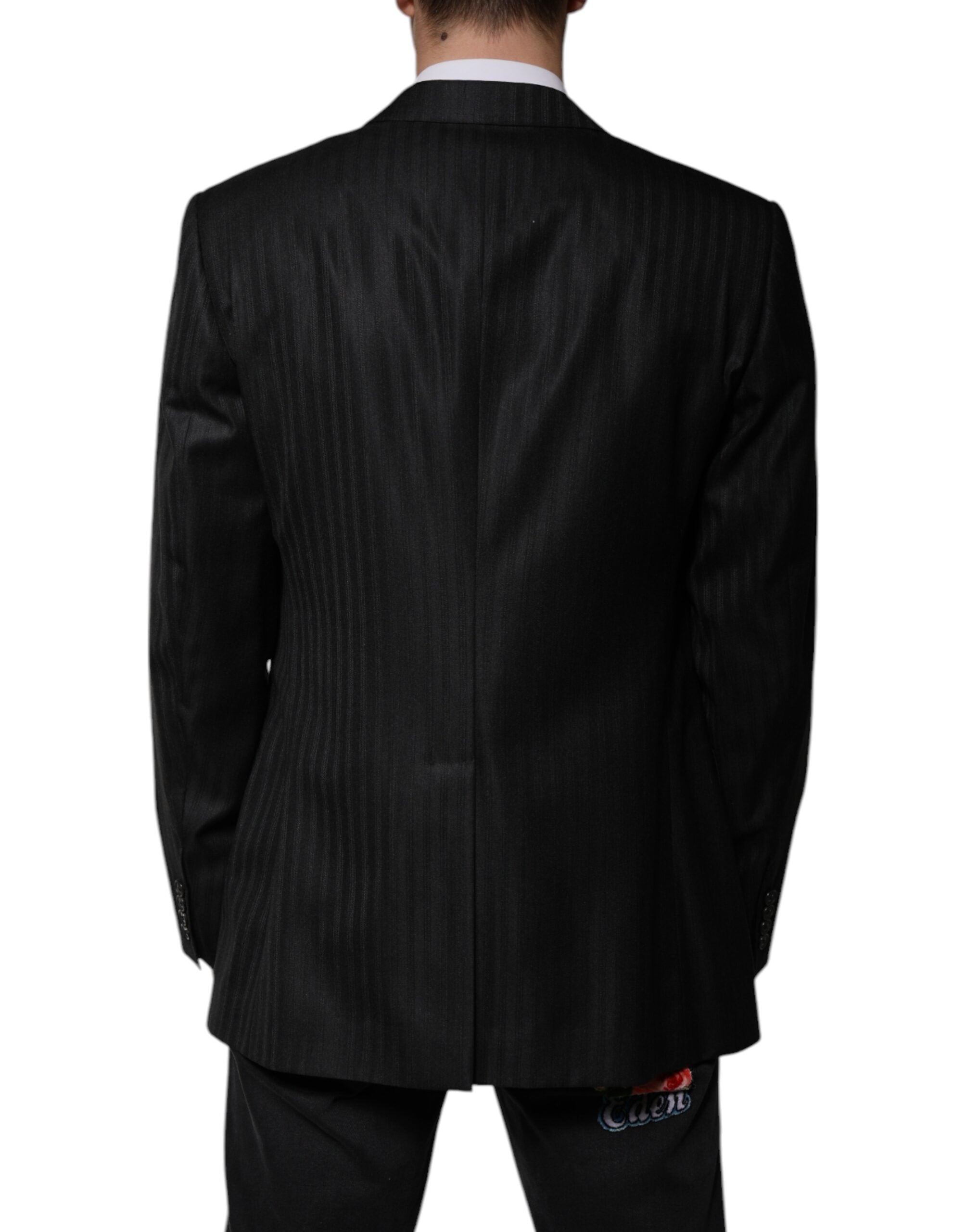Black Stripe Wool Single Breasted Blazer - ventzia