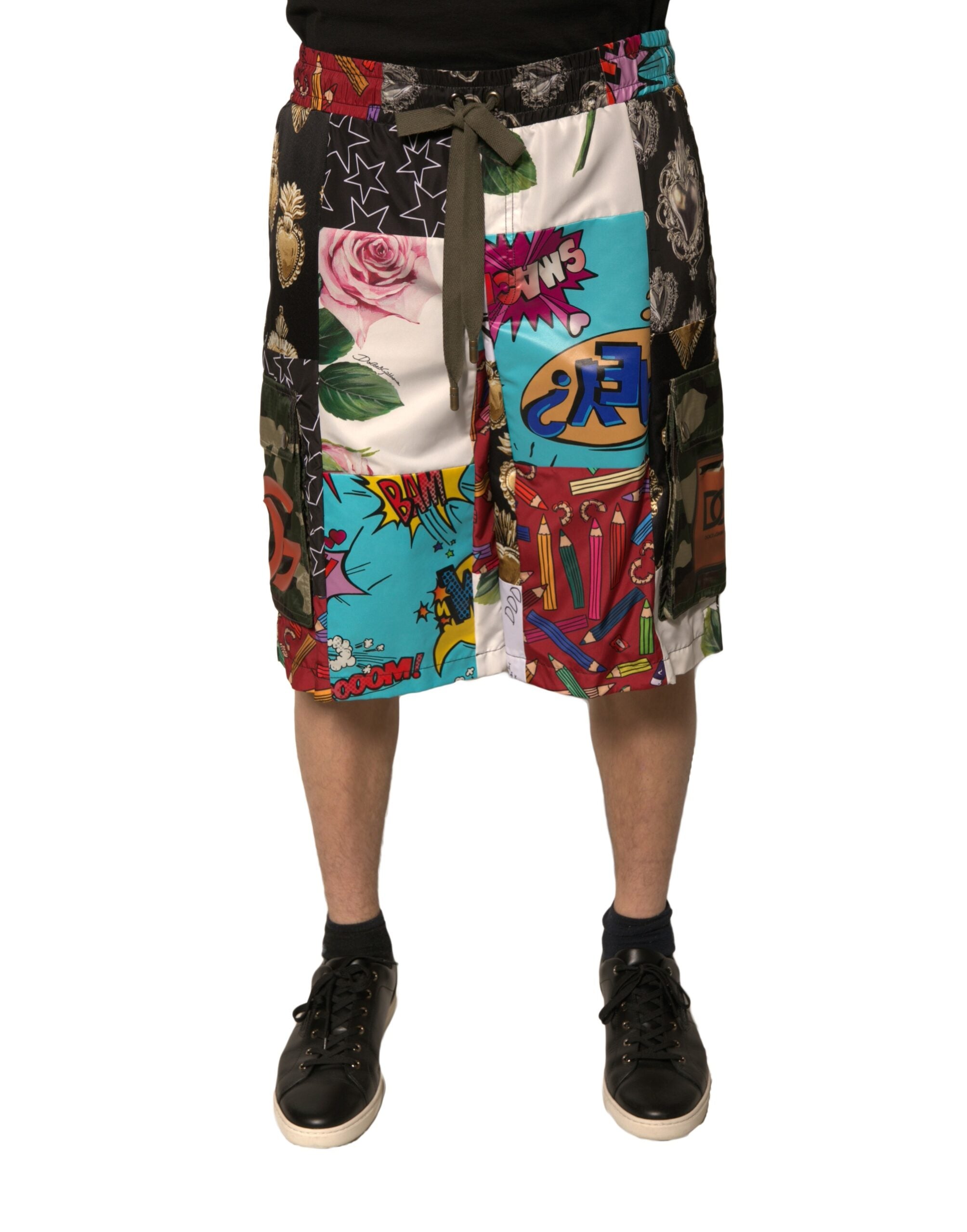 Multicolor Patchwork Cargo Bermuda Shorts - ventzia