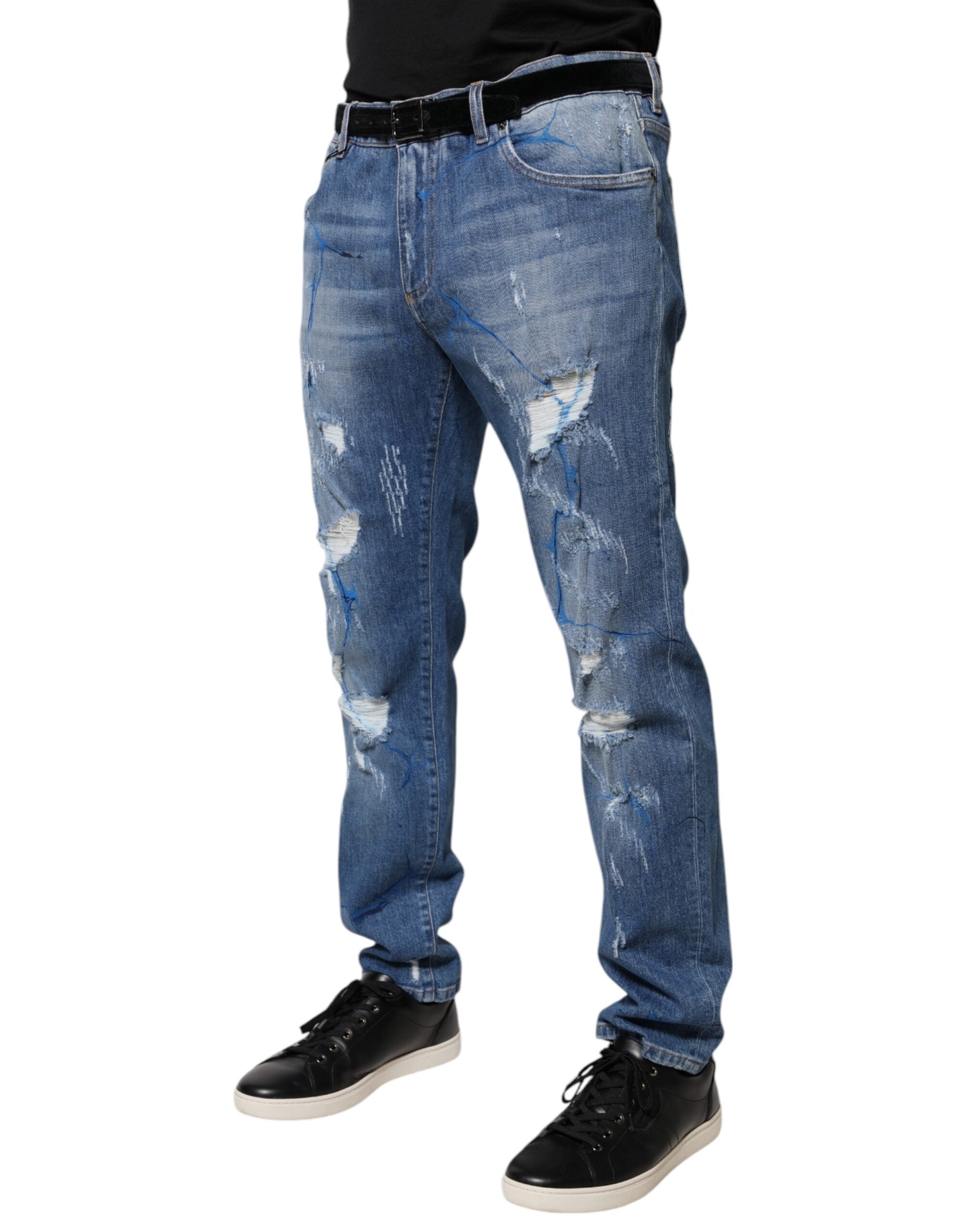 Blue Cotton Stretch Tattered Skinny Denim Jeans