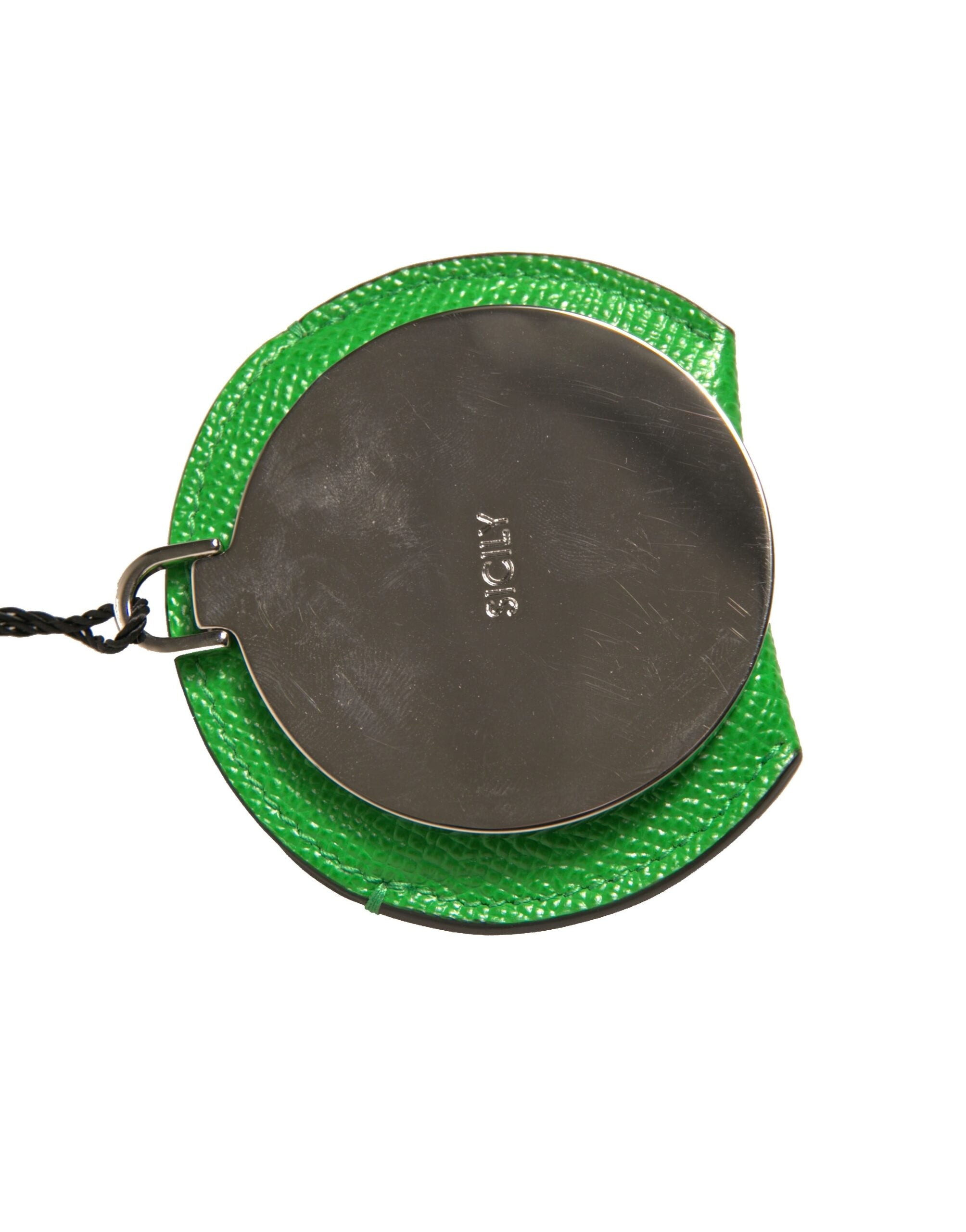 Green Calfskin Leather Round Logo Hand Mirror Holder - ventzia