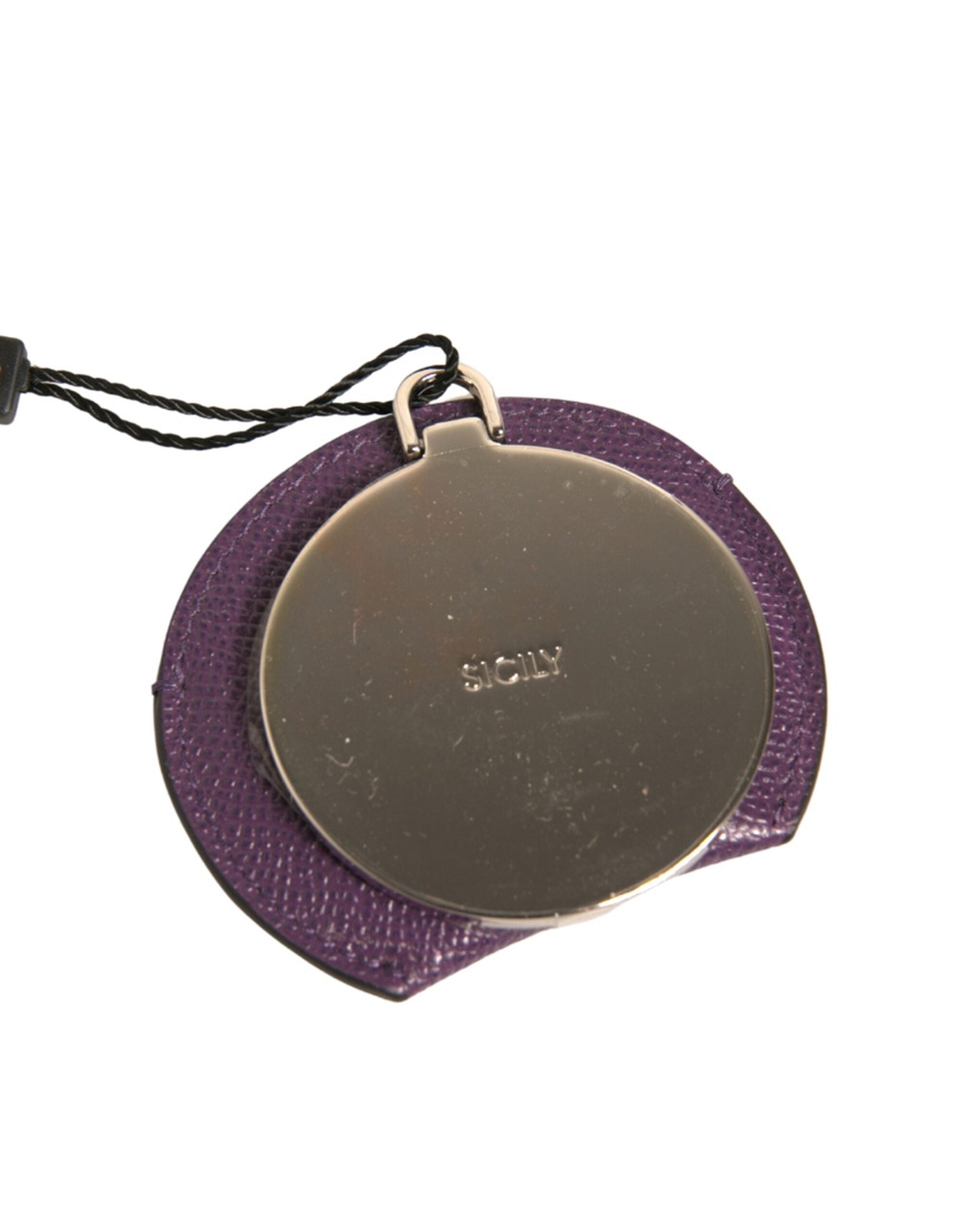 Purple Calfskin Leather Round Logo Hand Mirror Holder - ventzia