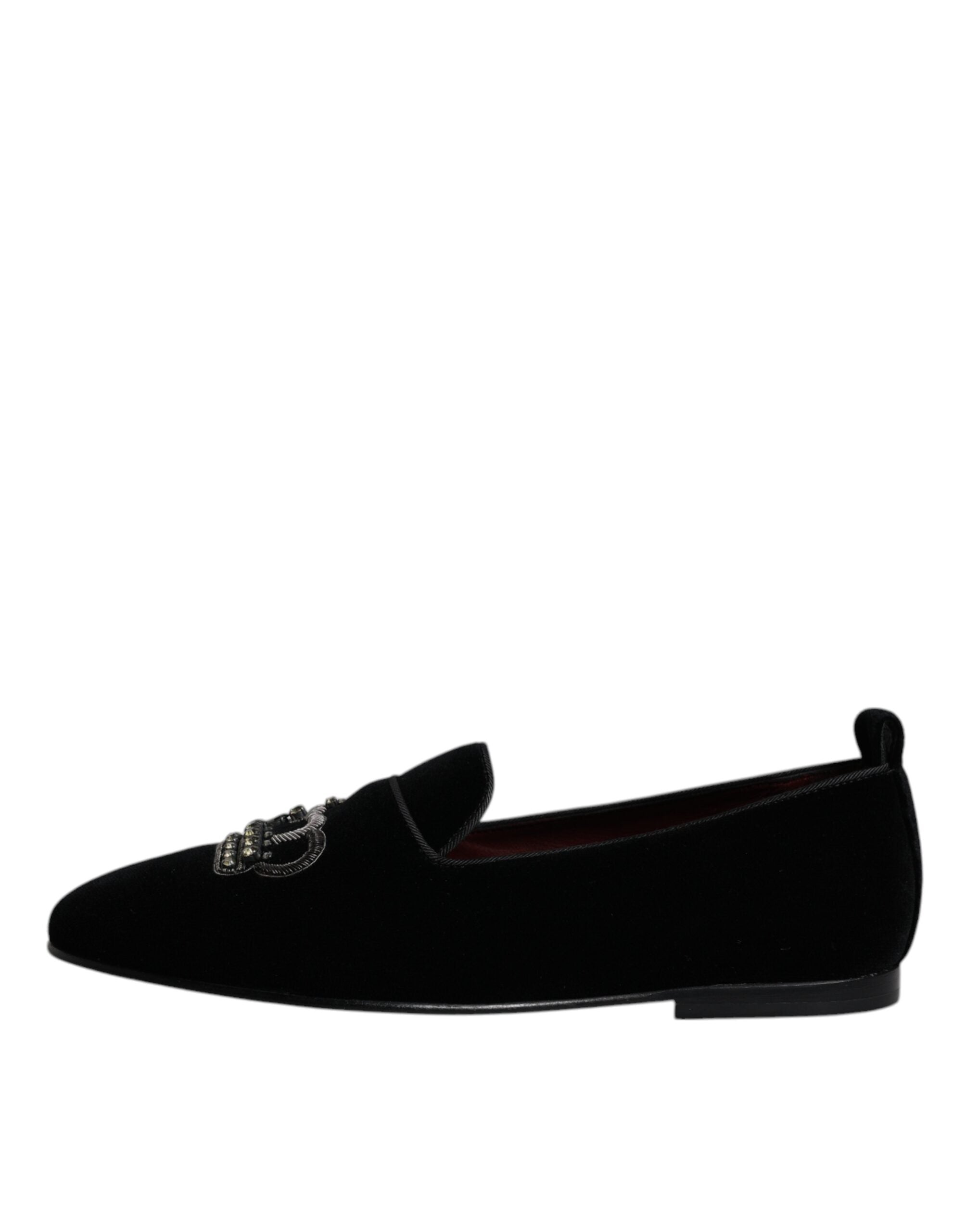 Black Velvet Crystal Crown Loafers Formal Dress Shoes - ventzia