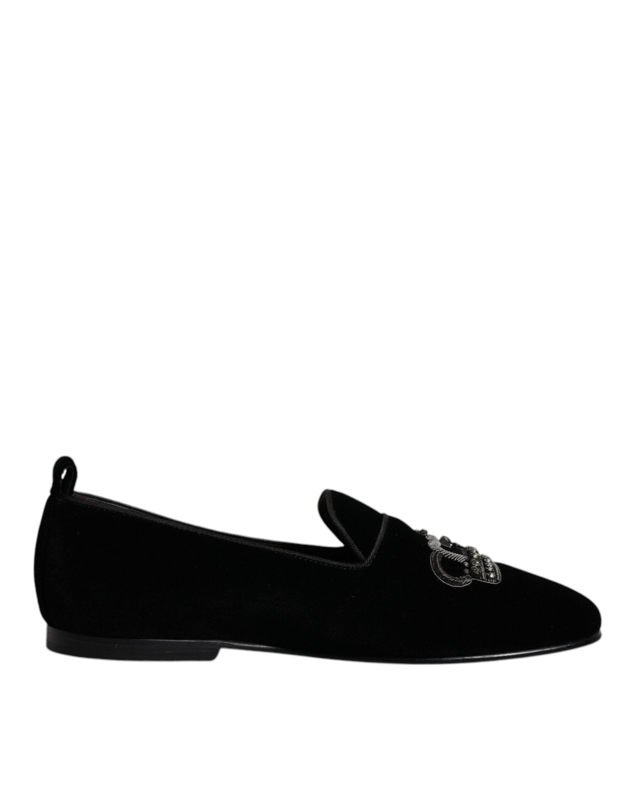 Black Velvet Crystal Crown Loafers Formal Dress Shoes - ventzia