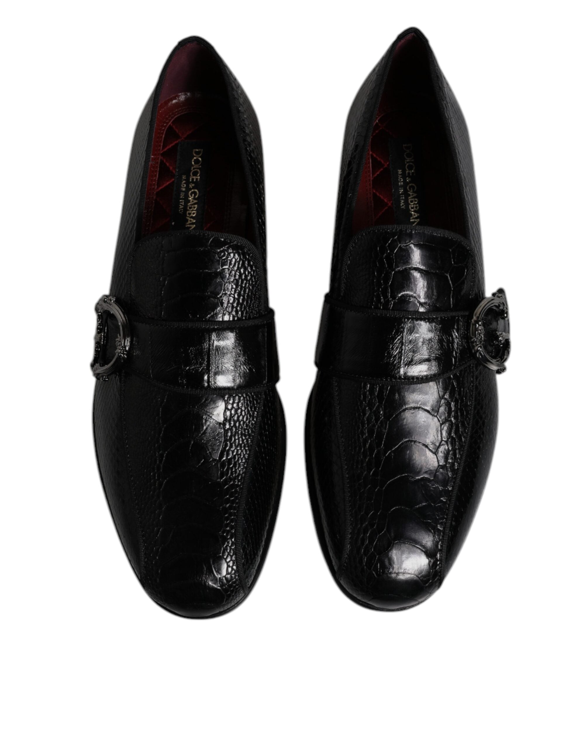 Black Exotic Leather DG Logo Loafers Formal Dress Shoes - ventzia