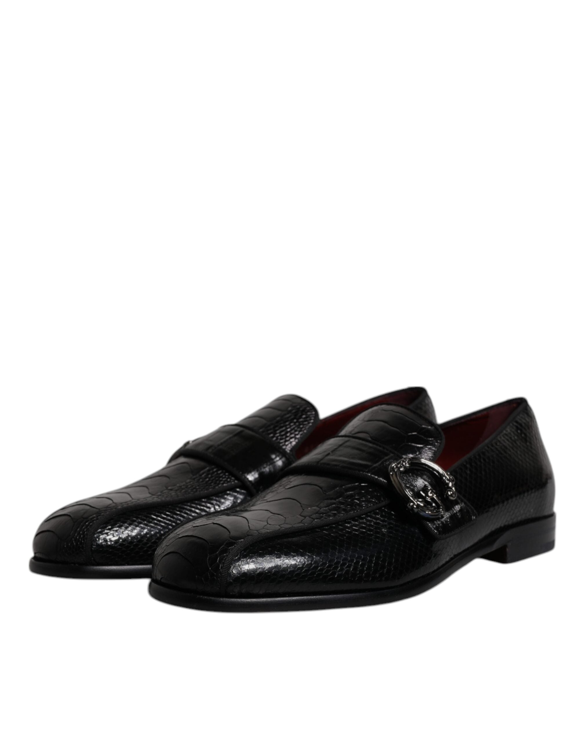 Black Exotic Leather DG Logo Loafers Formal Dress Shoes - ventzia