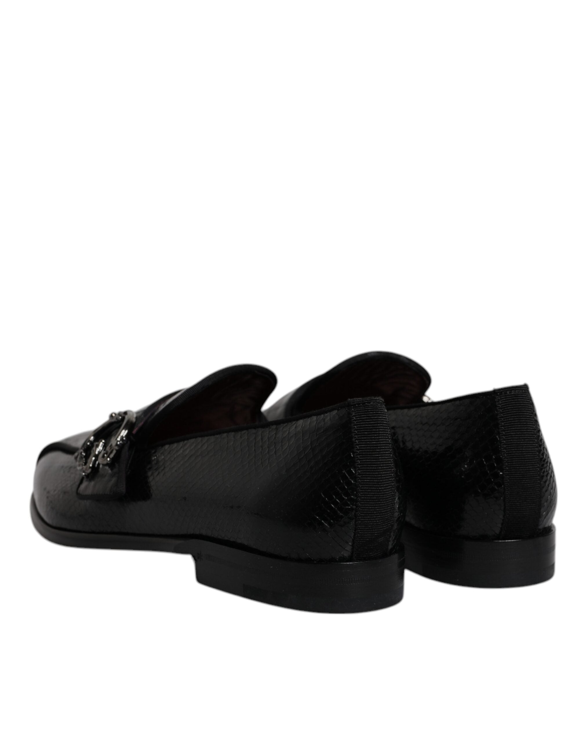 Black Exotic Leather DG Logo Loafers Formal Dress Shoes - ventzia
