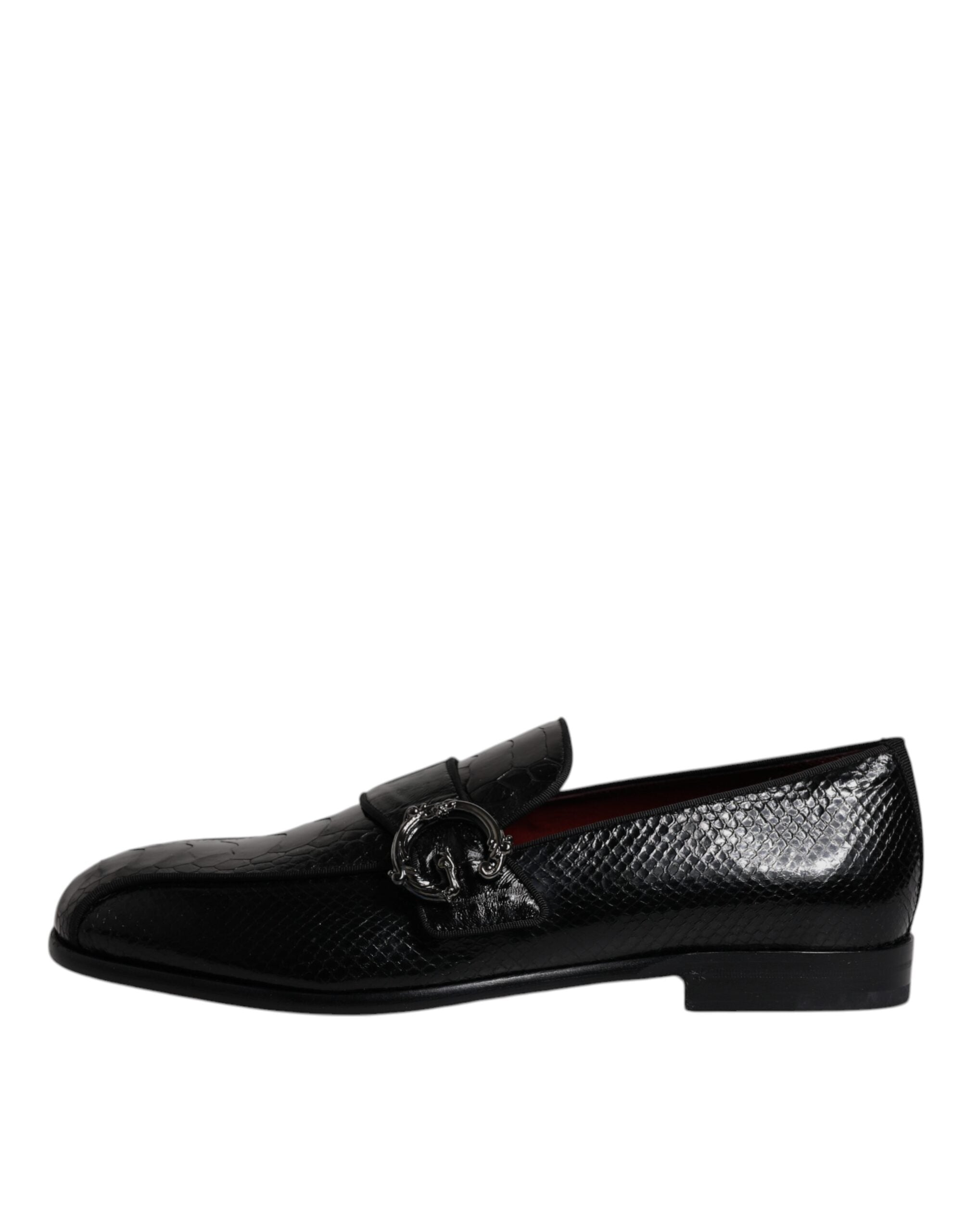 Black Exotic Leather DG Logo Loafers Formal Dress Shoes - ventzia