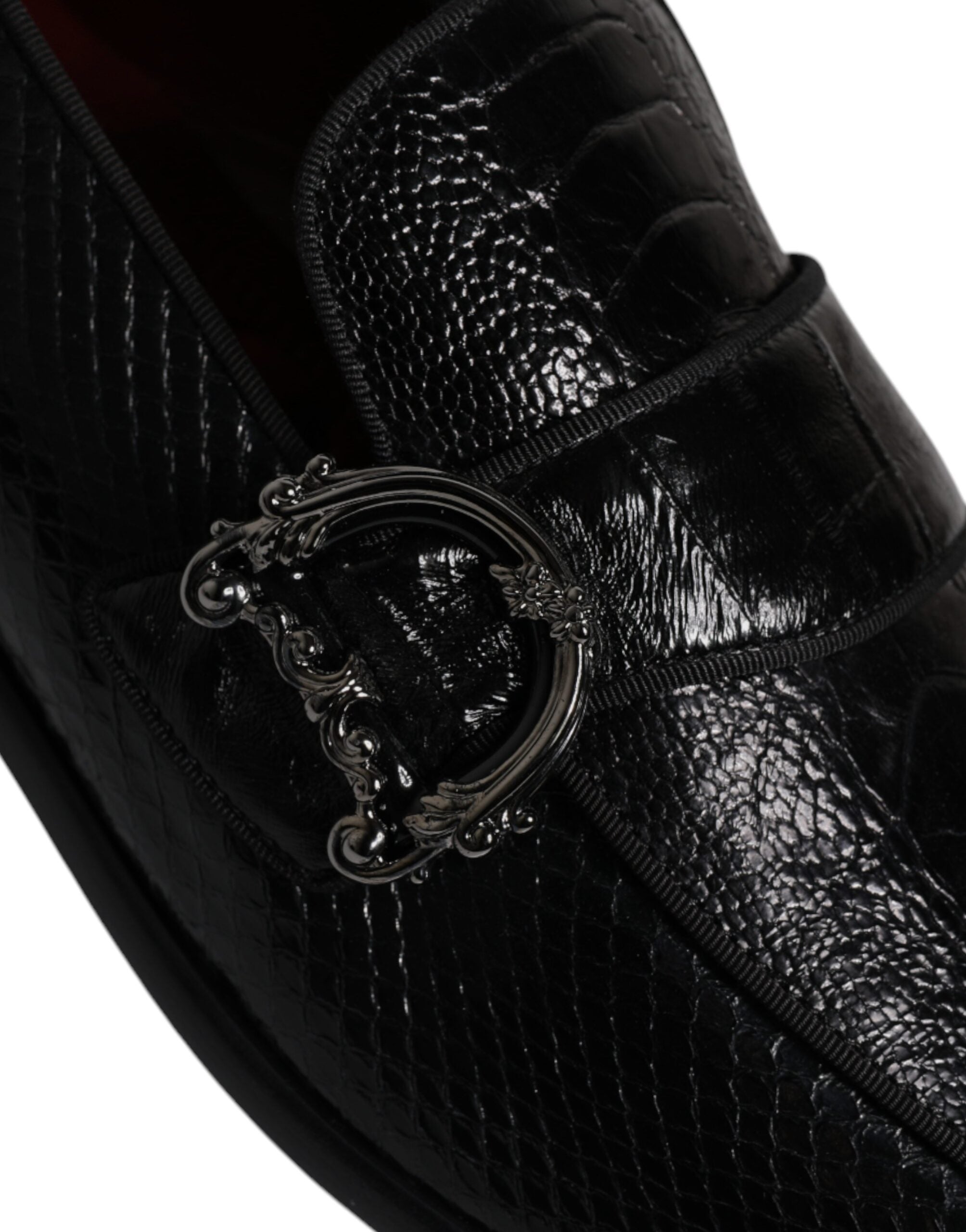Black Exotic Leather DG Logo Loafers Formal Dress Shoes - ventzia
