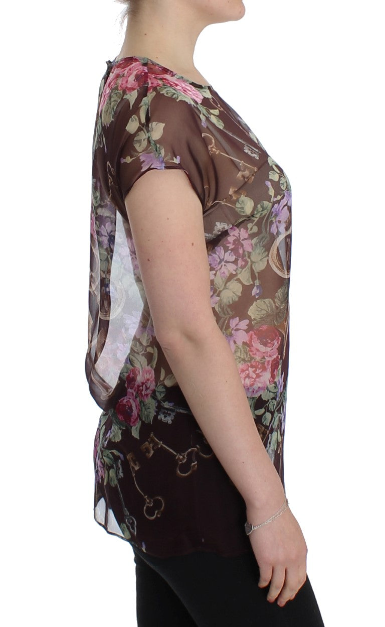 Elegant Floral Silk Blouse with Cap Sleeves - ventzia