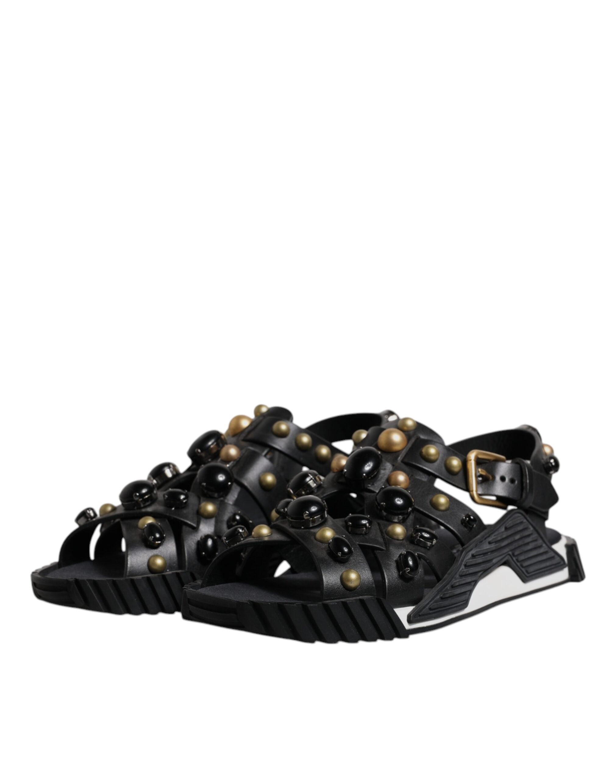 Black Leather Studded Slides Sandals Shoes - ventzia