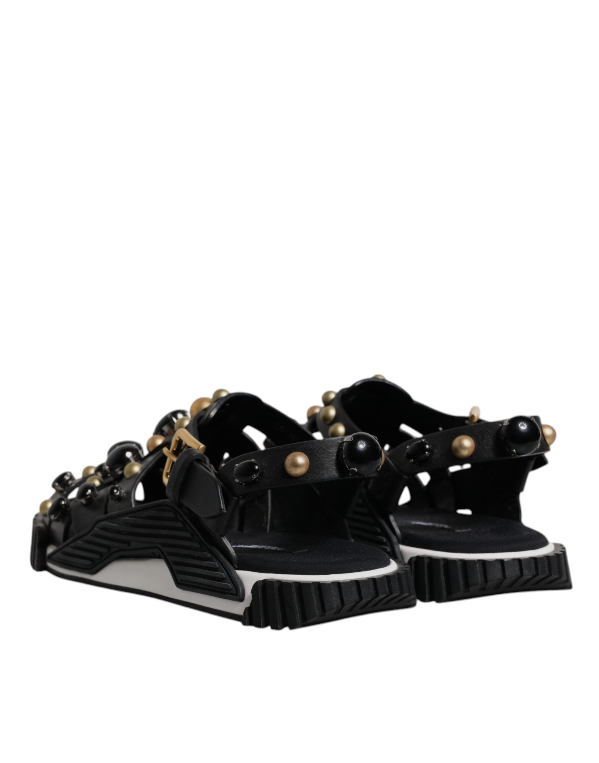Black Leather Studded Slides Sandals Shoes - ventzia