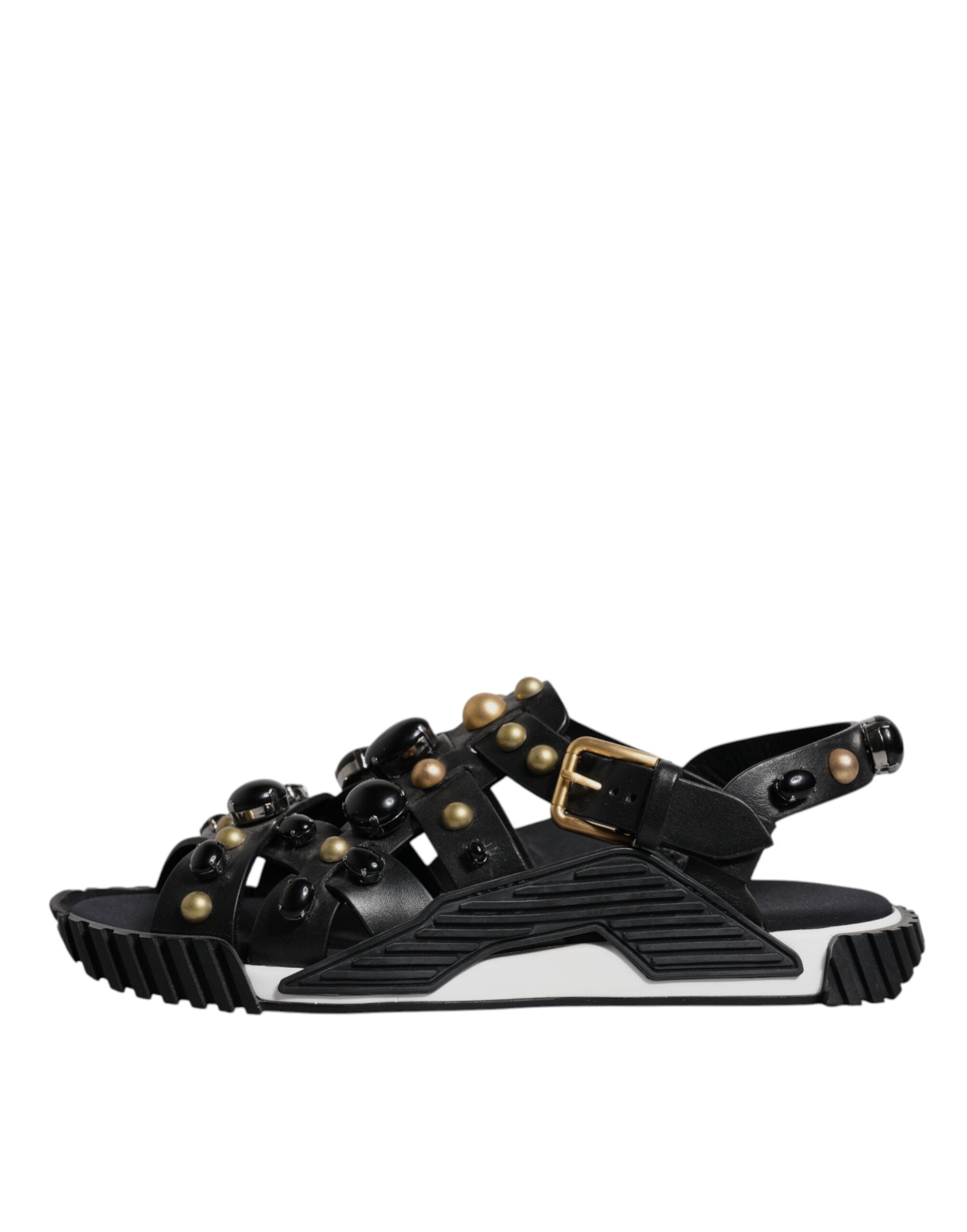 Black Leather Studded Slides Sandals Shoes - ventzia