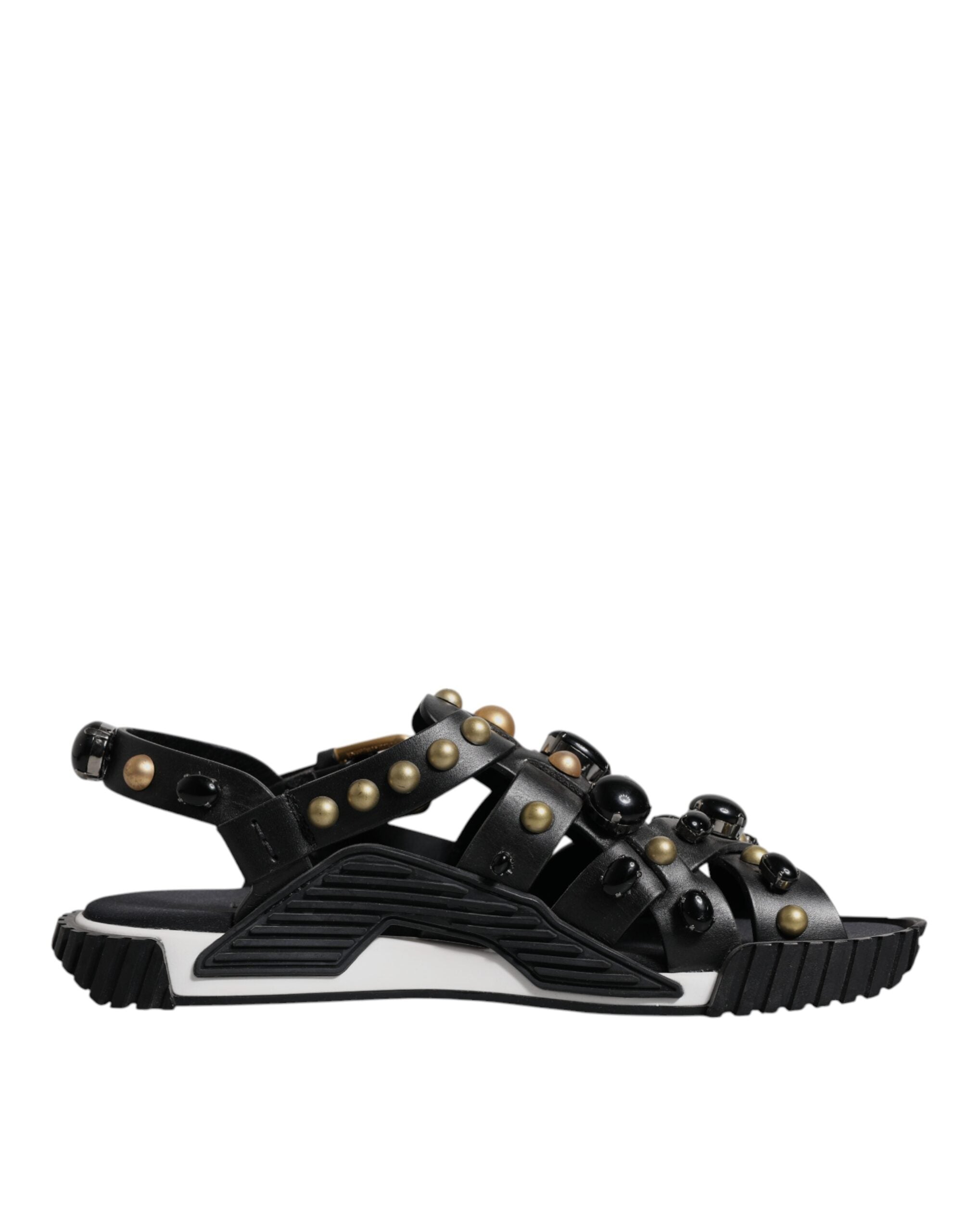 Black Leather Studded Slides Sandals Shoes - ventzia