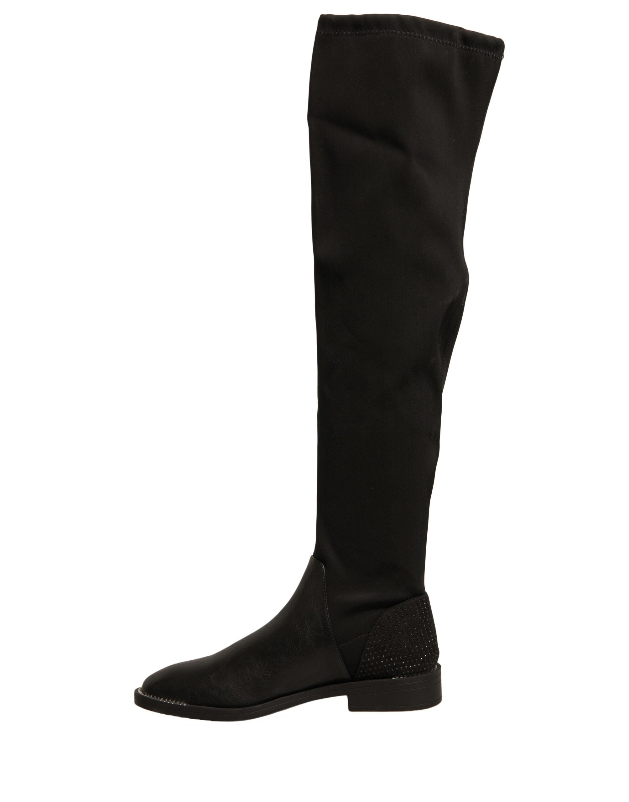 Black Leather Suede Flats High Boots Shoes - ventzia