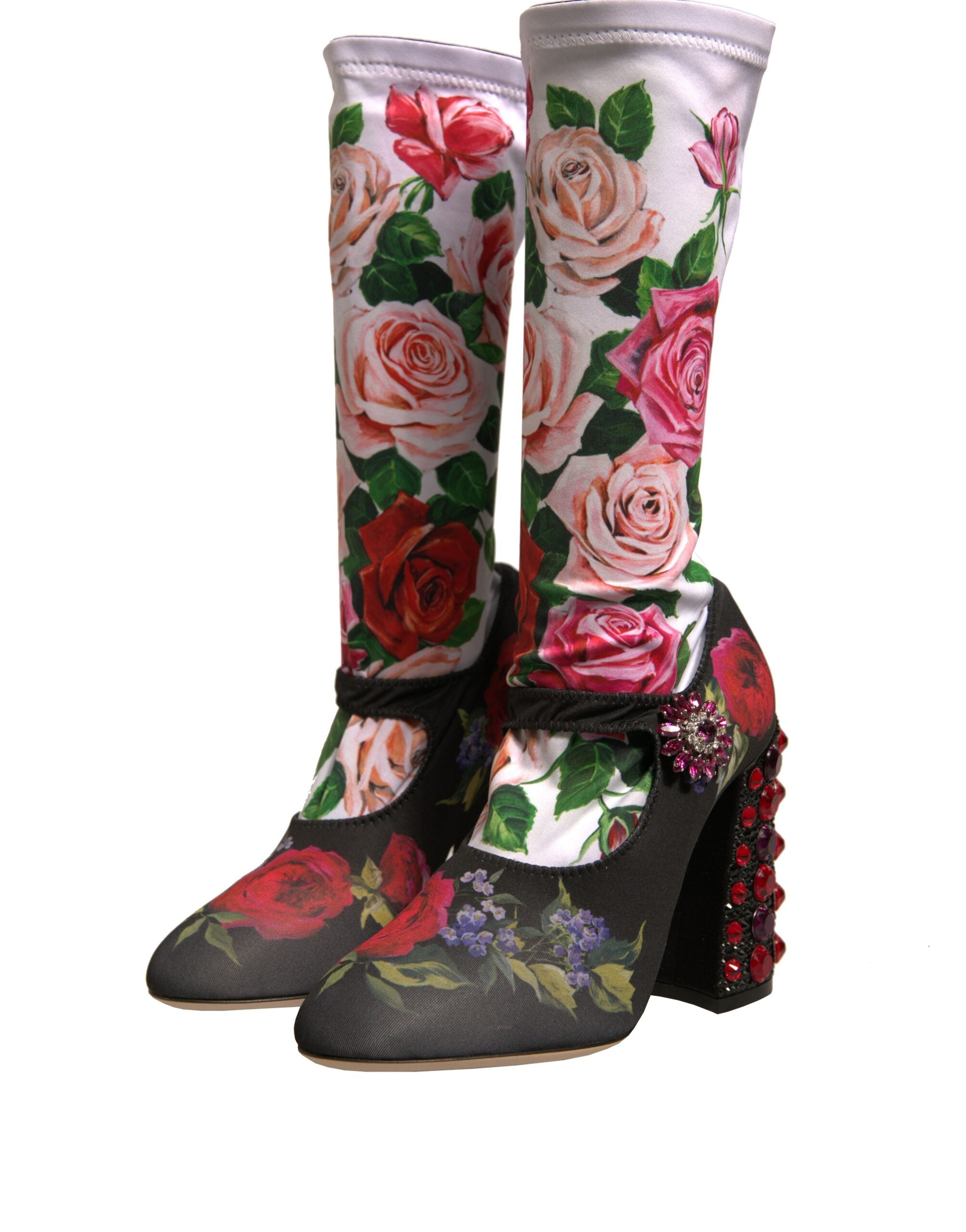 Black Floral Socks Crystal Boots Jersey Shoes - ventzia