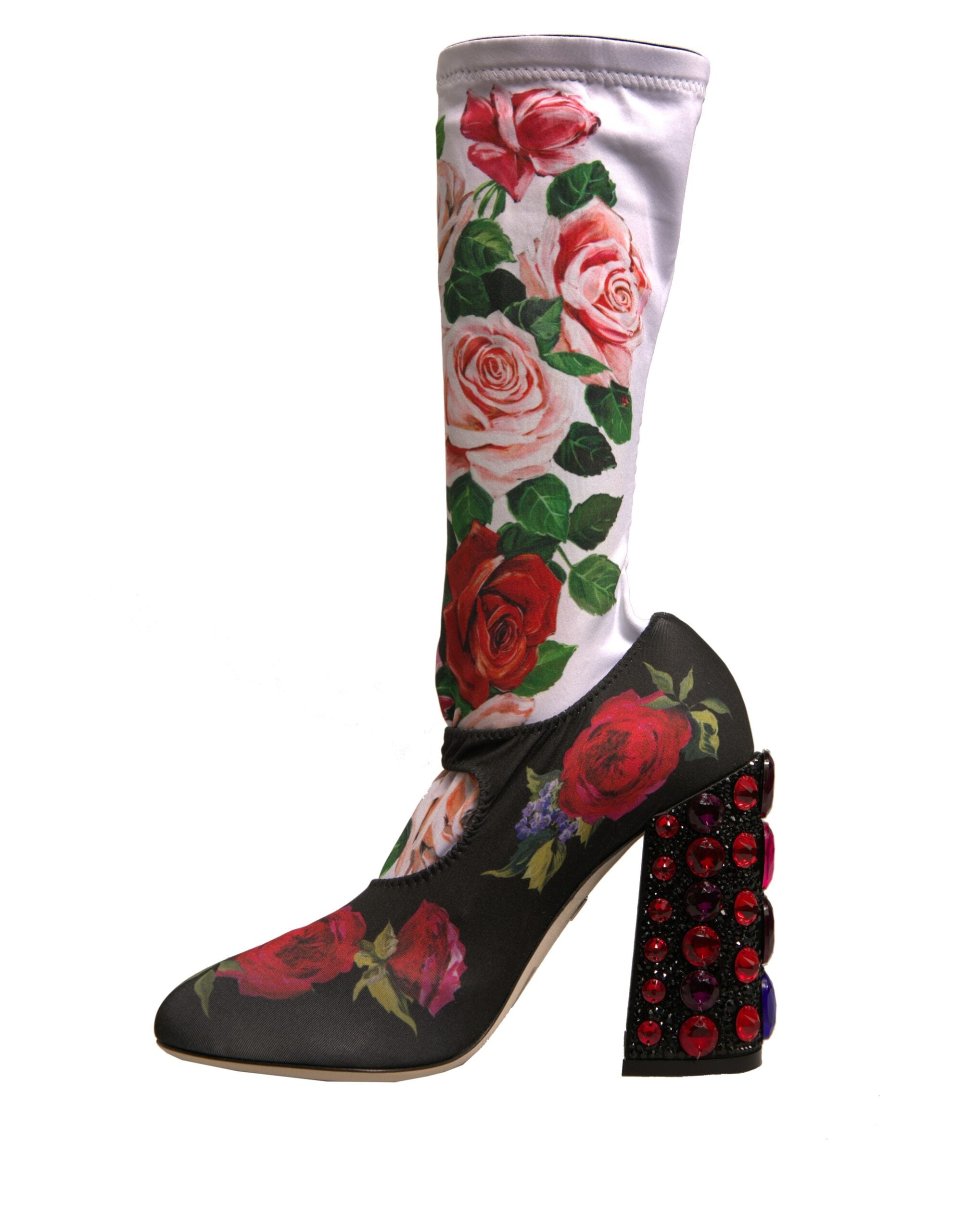 Black Floral Socks Crystal Boots Jersey Shoes - ventzia