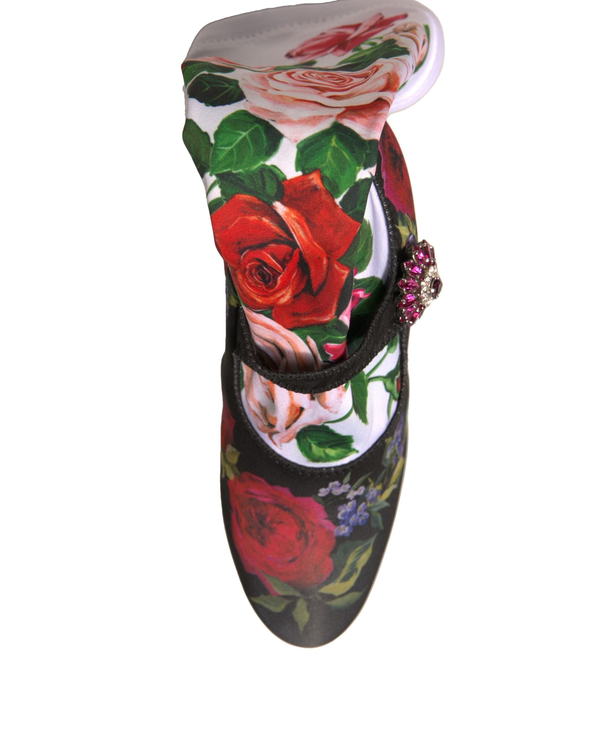 Black Floral Socks Crystal Boots Jersey Shoes - ventzia