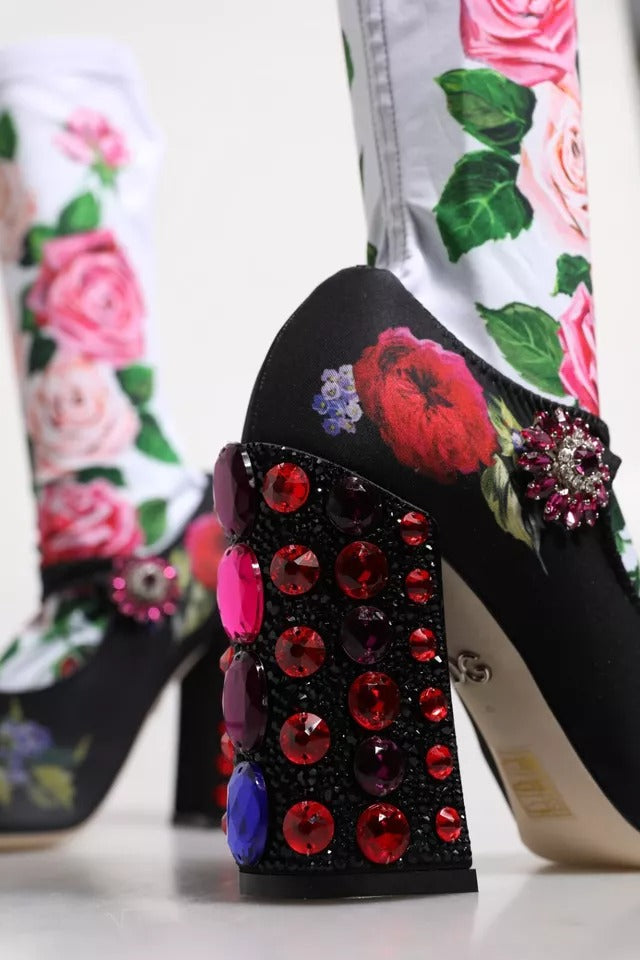 Black Floral Socks Crystal Boots Jersey Shoes - ventzia