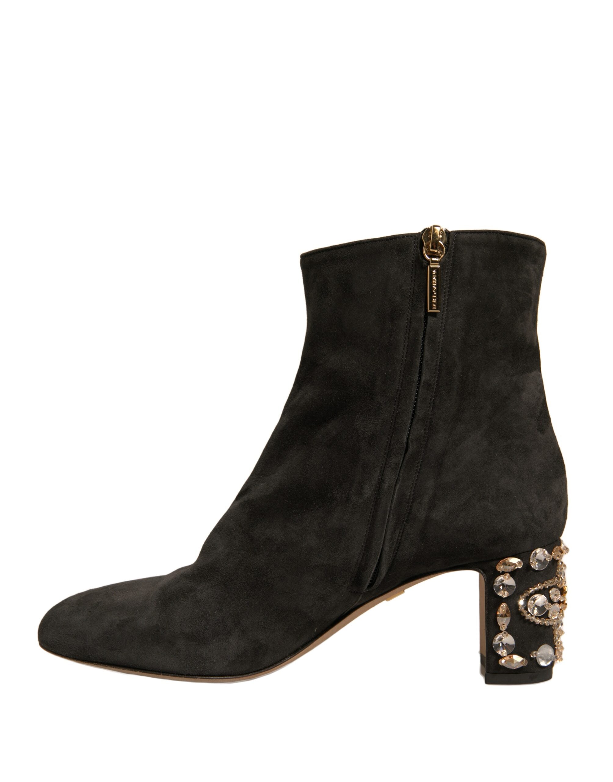 Black Embellished Heel Ankle Boots Shoes - ventzia