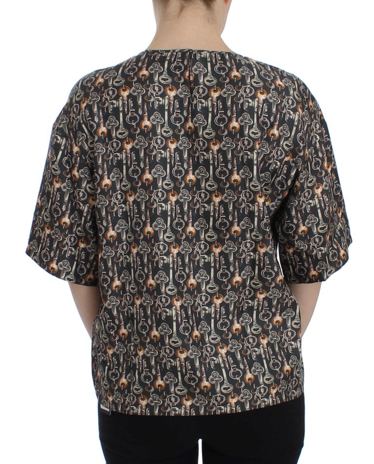 Enchanted Sicily Silk Blouse with Medieval Keys Print - ventzia