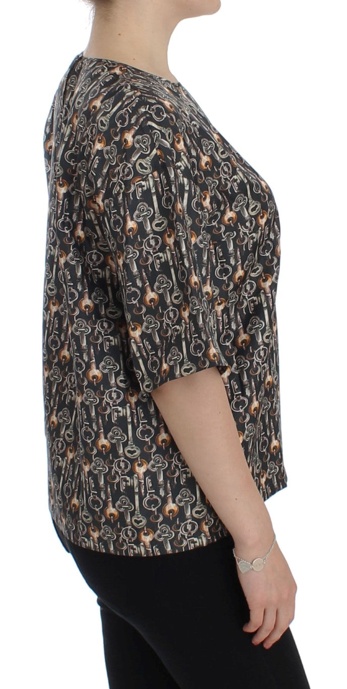 Enchanted Sicily Silk Blouse with Medieval Keys Print - ventzia