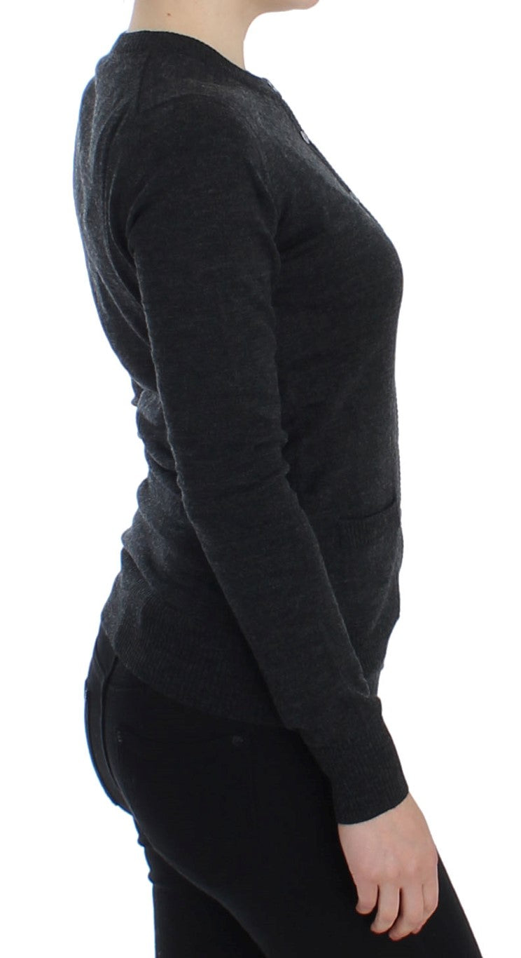 Elegant Gray Wool Cardigan Sweater - ventzia