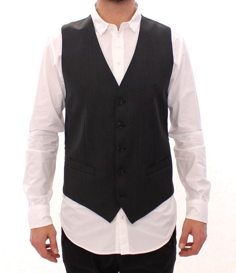 Elegant Gray Striped Dress Vest - ventzia