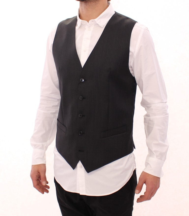 Elegant Gray Striped Dress Vest - ventzia