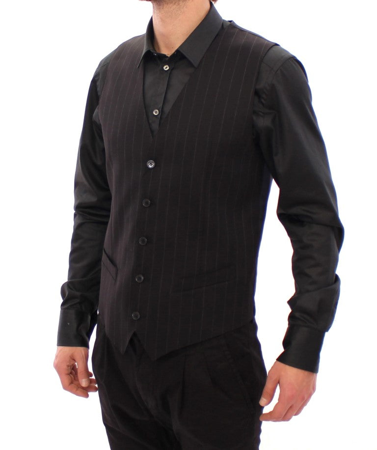 Elegant Black Striped Wool Dress Vest - ventzia