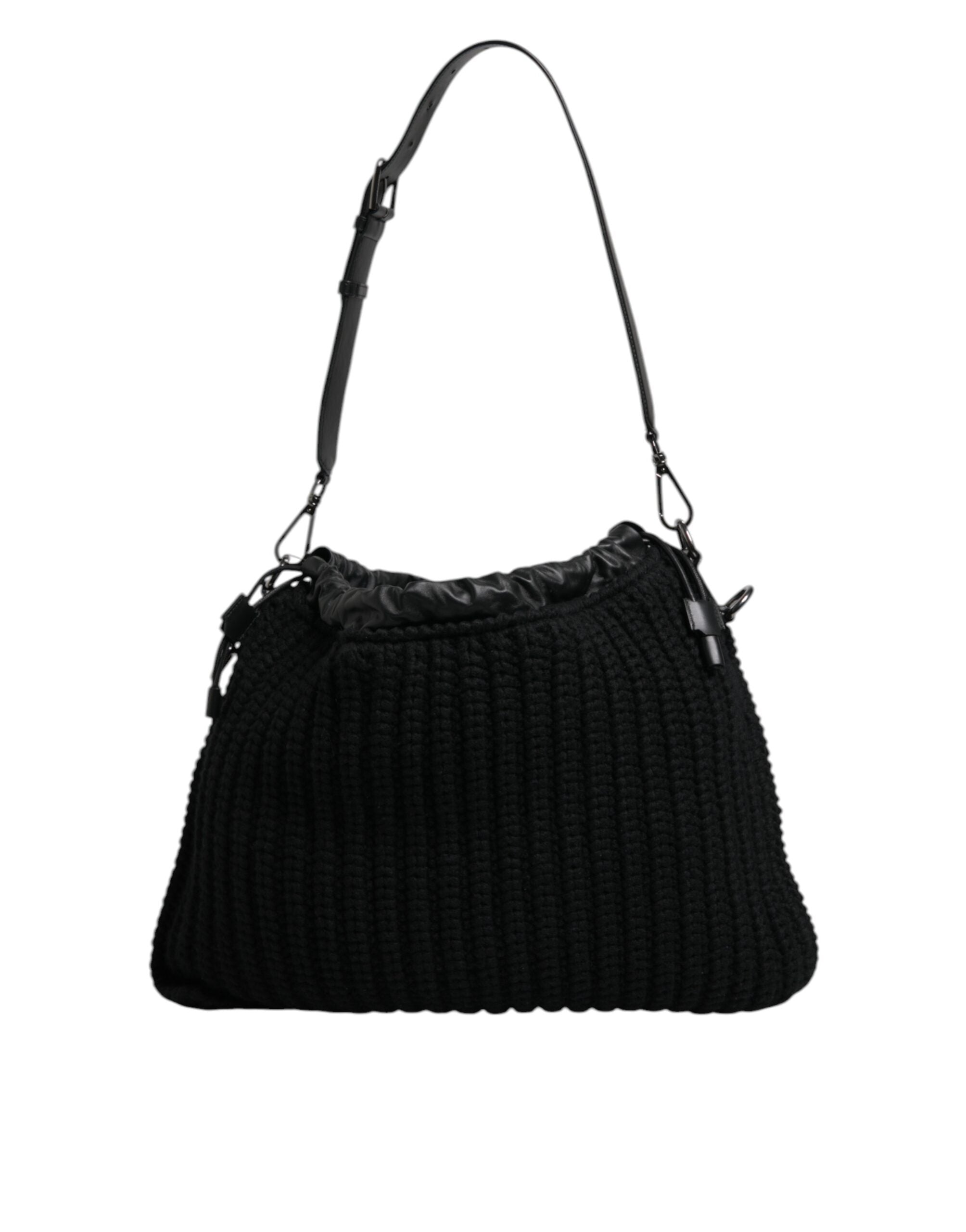 Black Cashmere Knitted Leather Shoulder Bag - ventzia