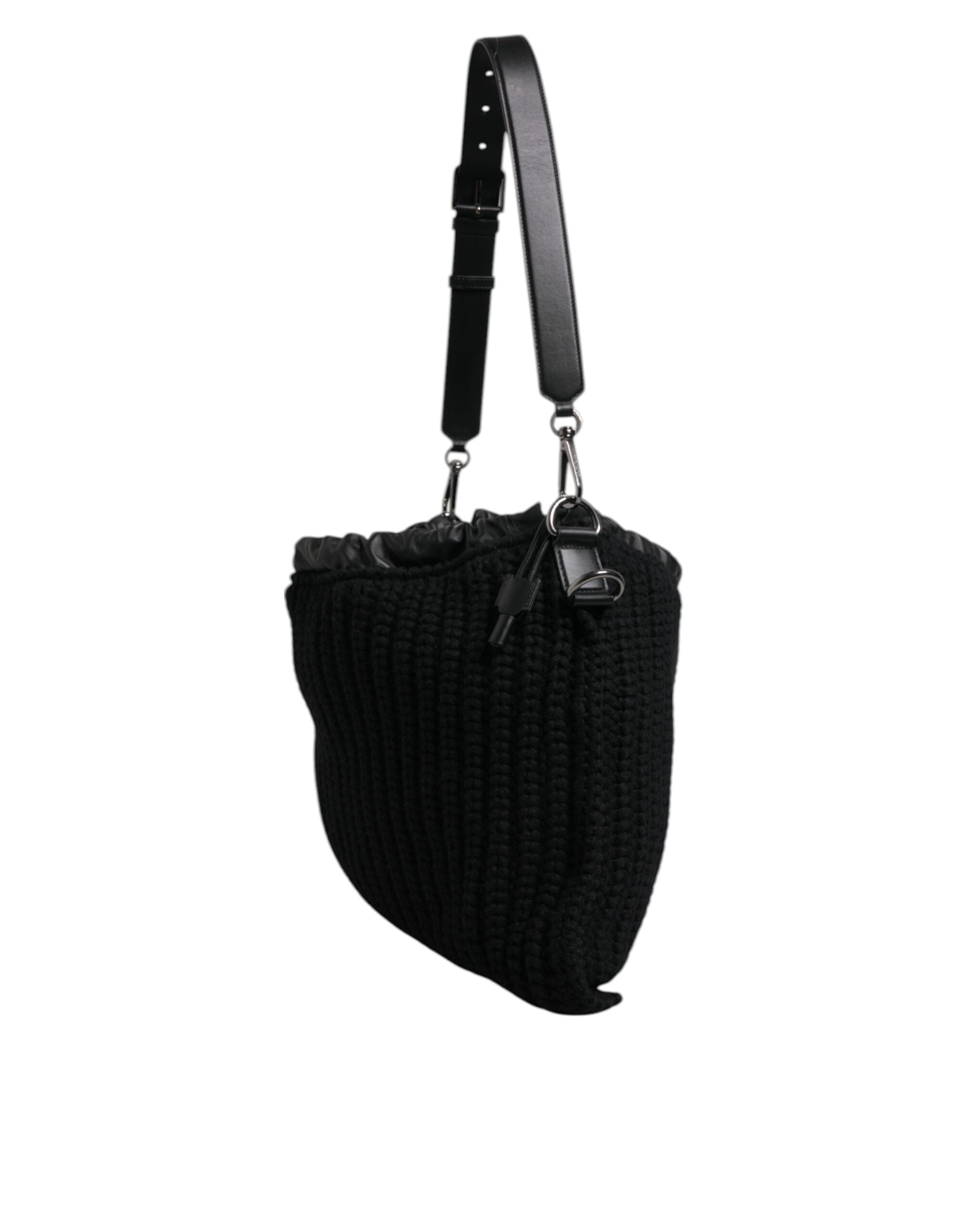 Black Cashmere Knitted Leather Shoulder Bag - ventzia