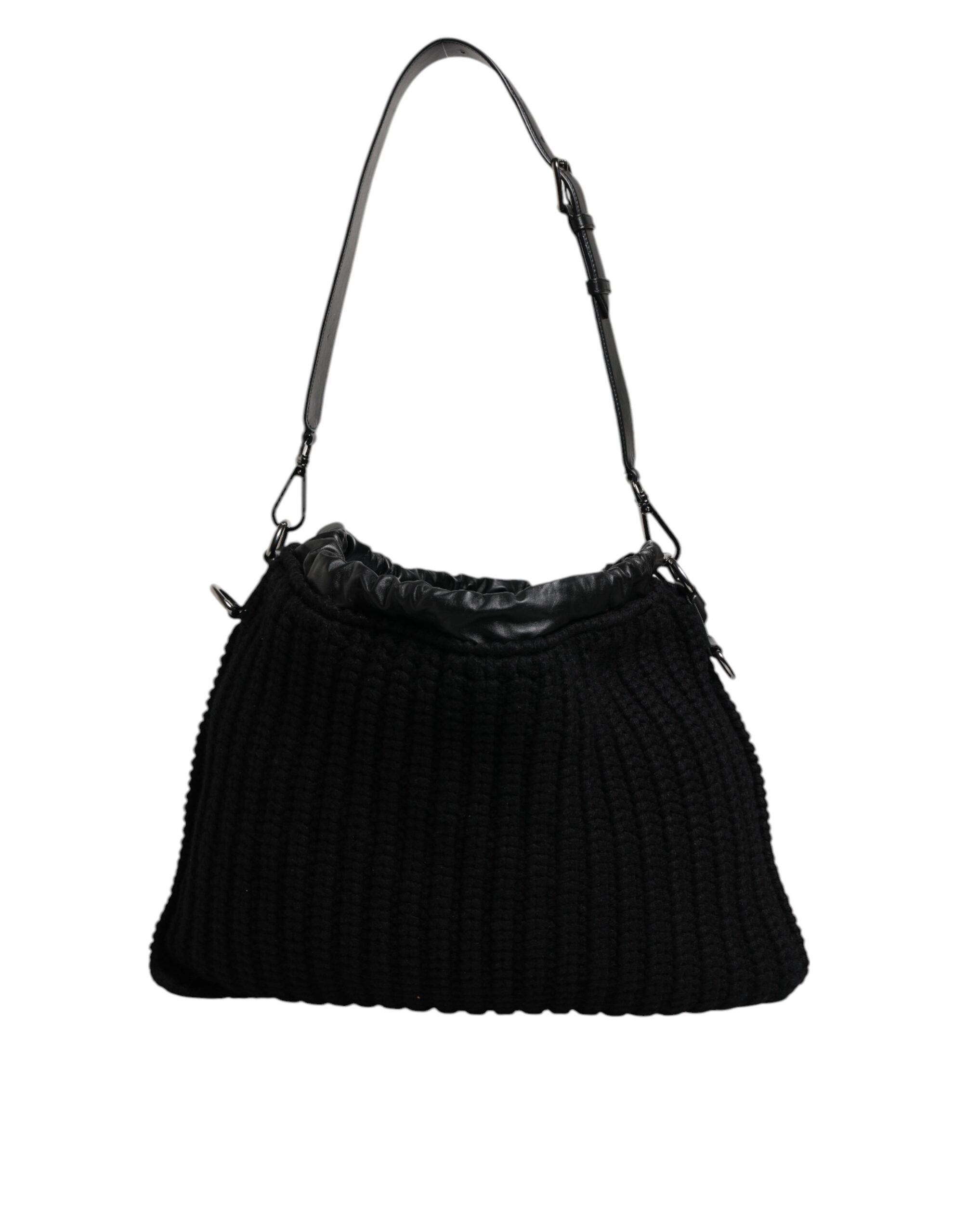 Black Cashmere Knitted Leather Shoulder Bag - ventzia