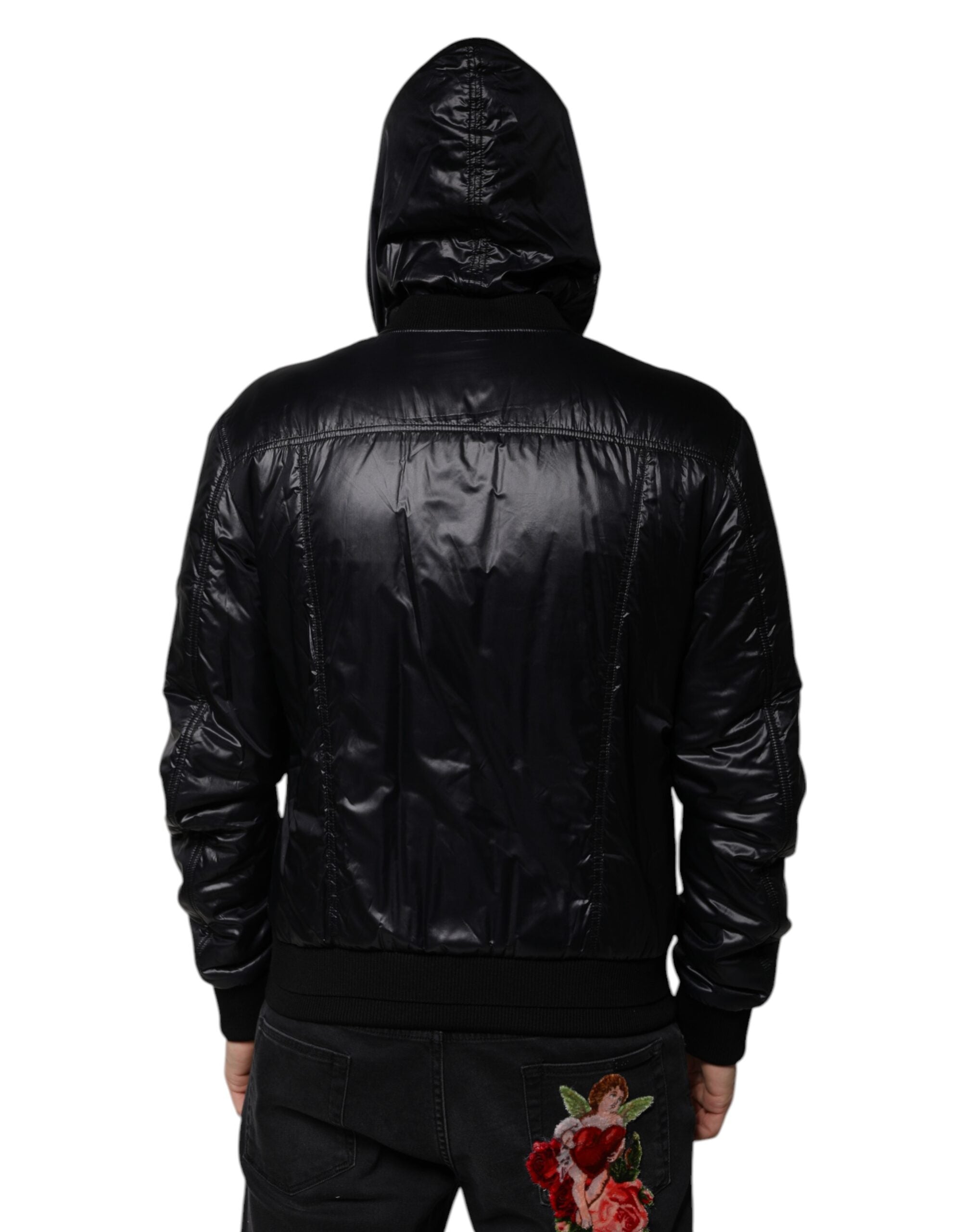 Black Nylon Hooded Full Zip Blouson Jacket - ventzia