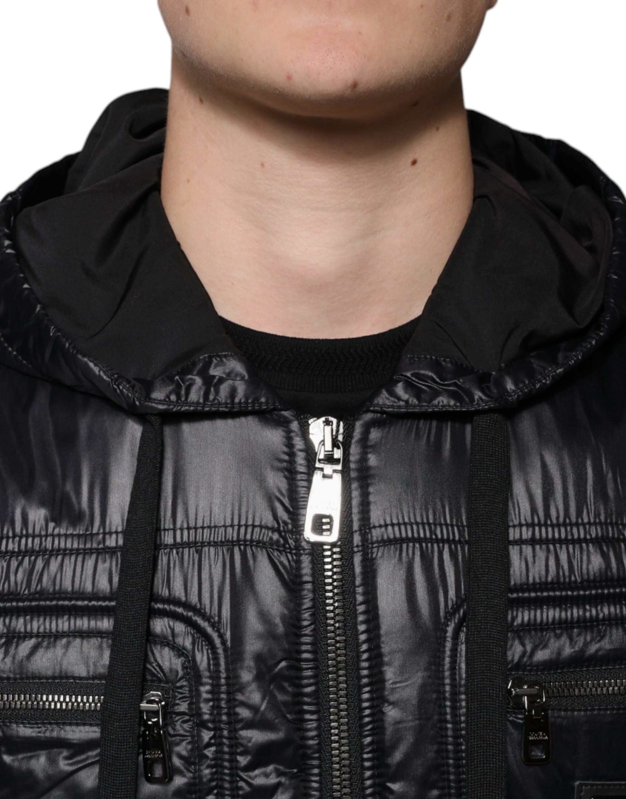 Black Nylon Hooded Full Zip Blouson Jacket - ventzia