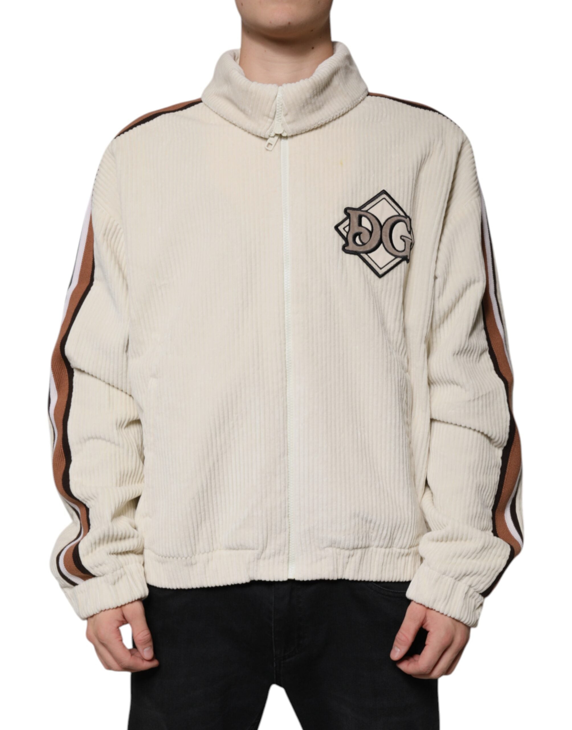 Beige Logo Applique Cotton Corduroy Full Zip Jacket - ventzia