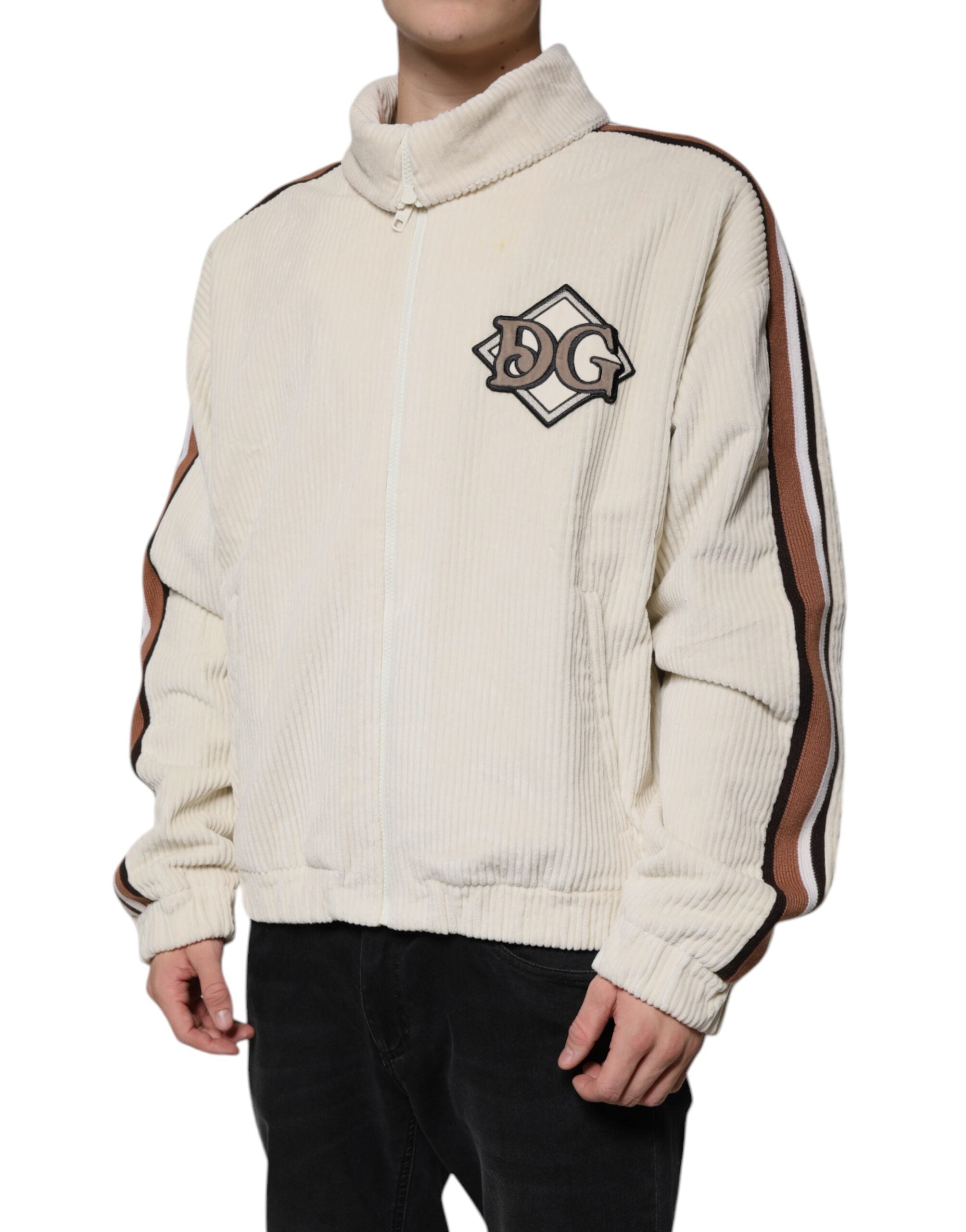 Beige Logo Applique Cotton Corduroy Full Zip Jacket - ventzia