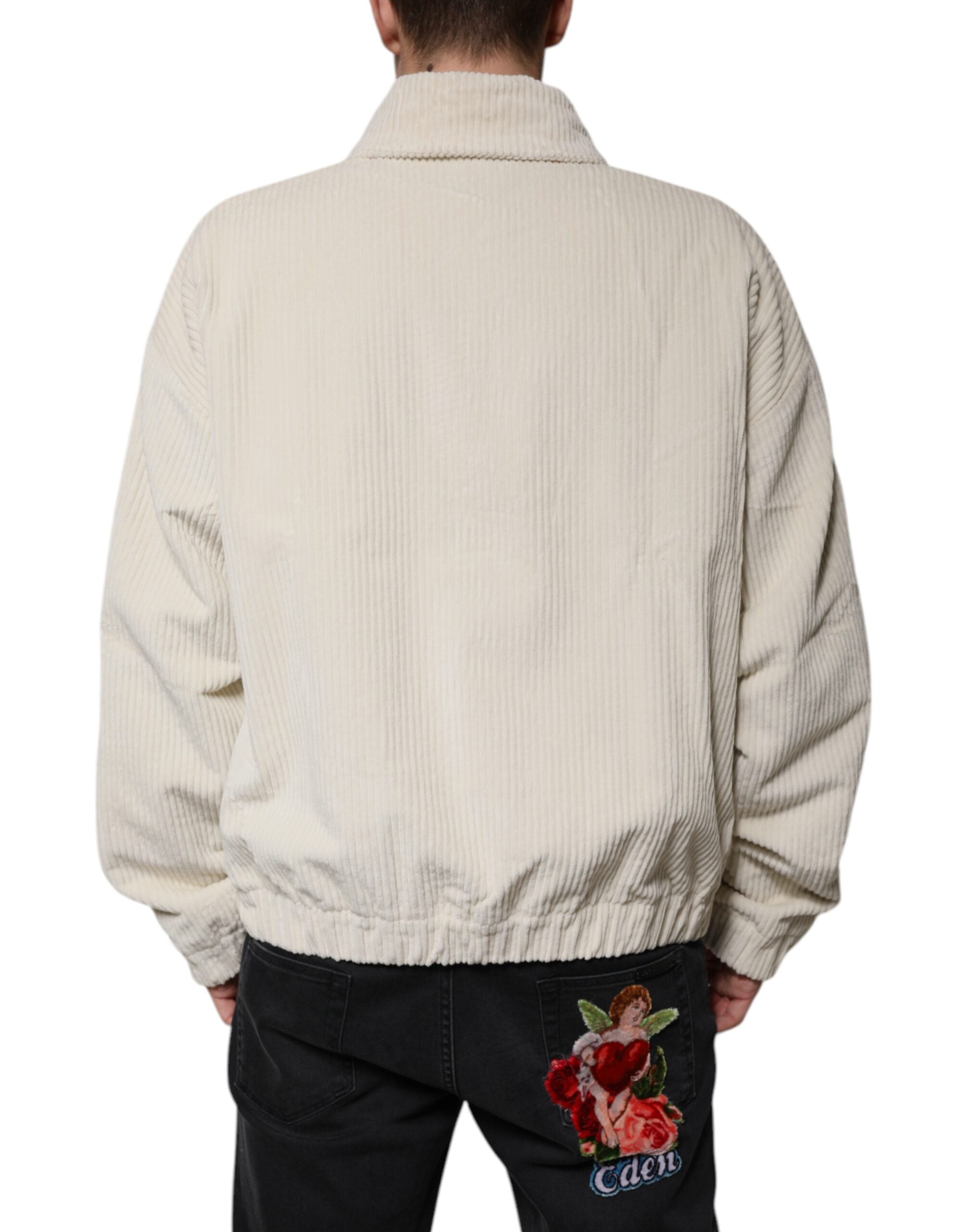 Beige Logo Applique Cotton Corduroy Full Zip Jacket - ventzia