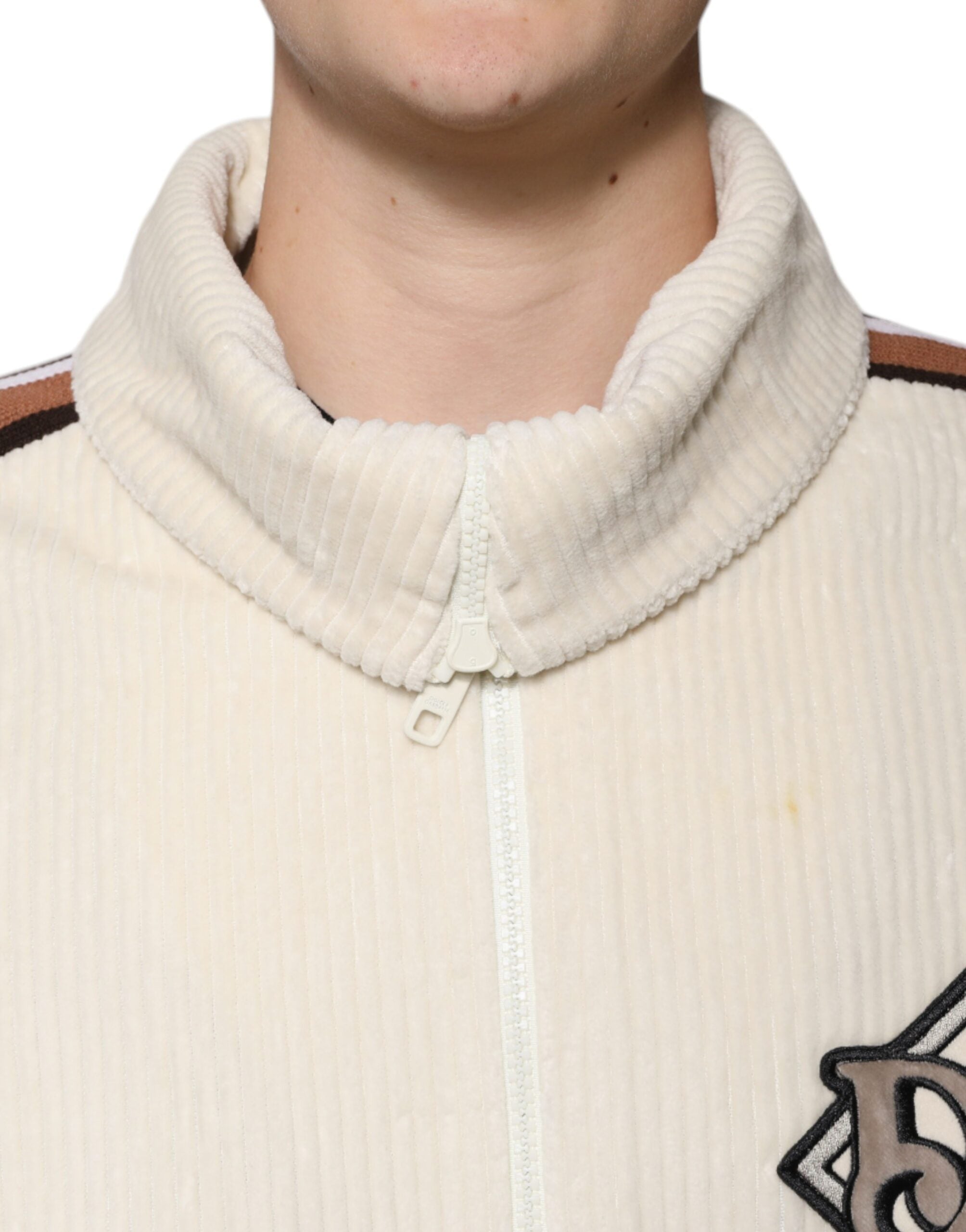 Beige Logo Applique Cotton Corduroy Full Zip Jacket - ventzia