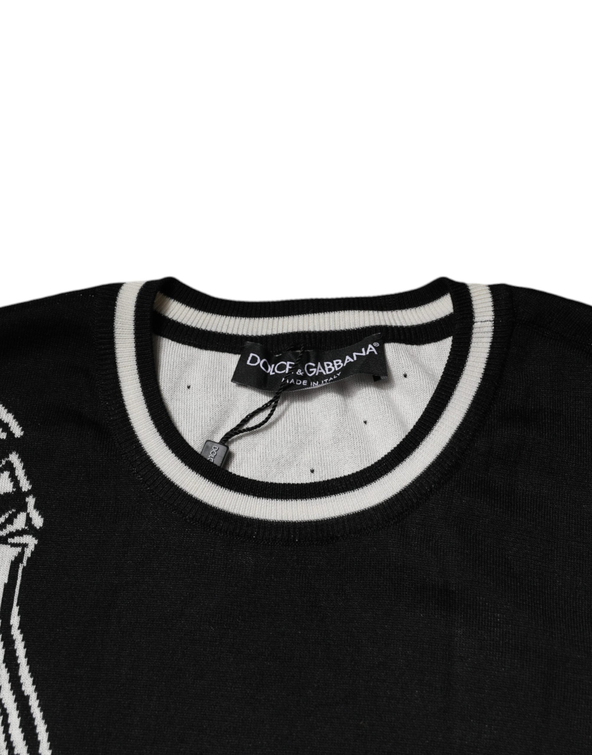 Black White Guitar Silk Crew Neck Sweater - ventzia