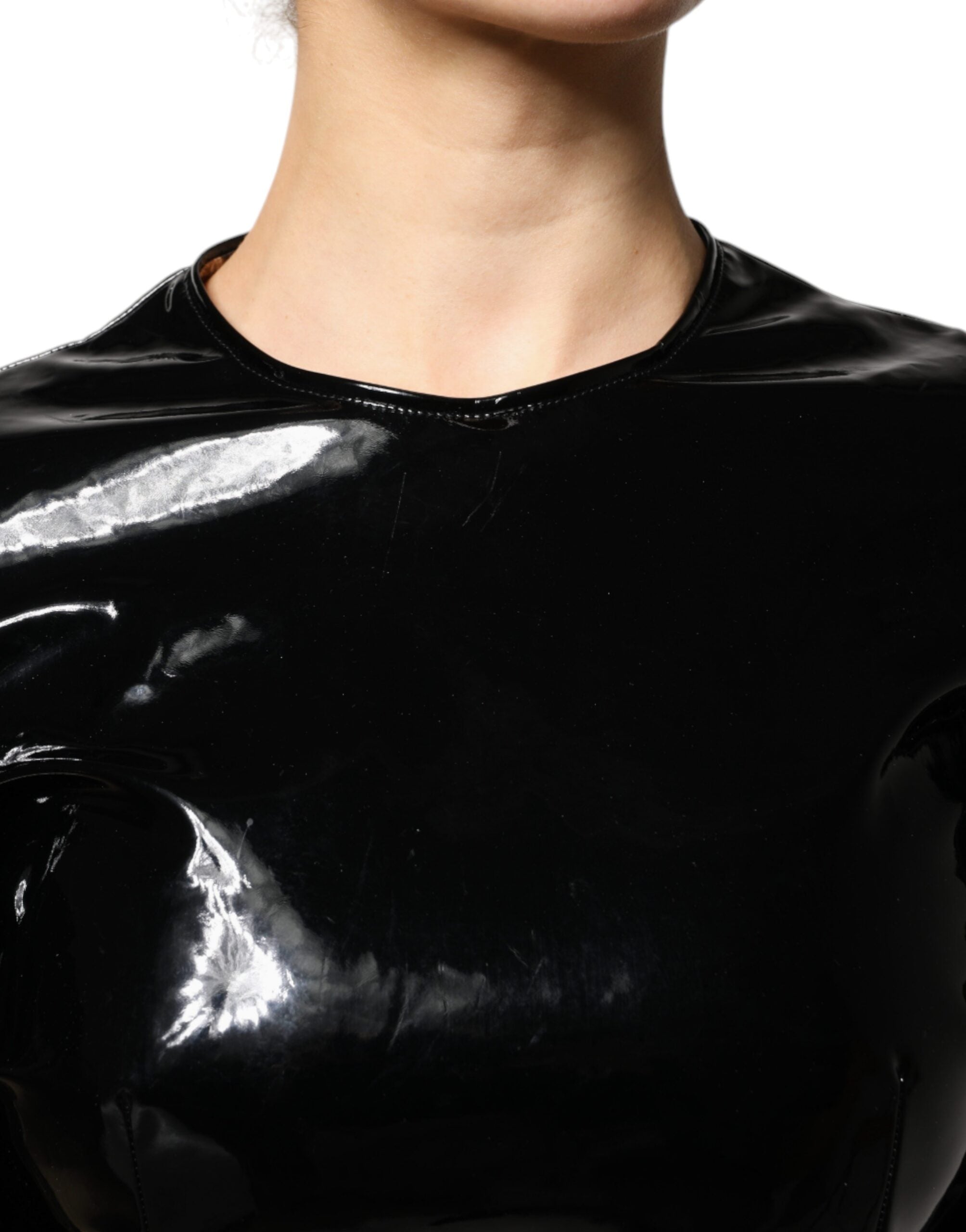 Black Patent Leather Puff Sleeves Mini Dress - ventzia