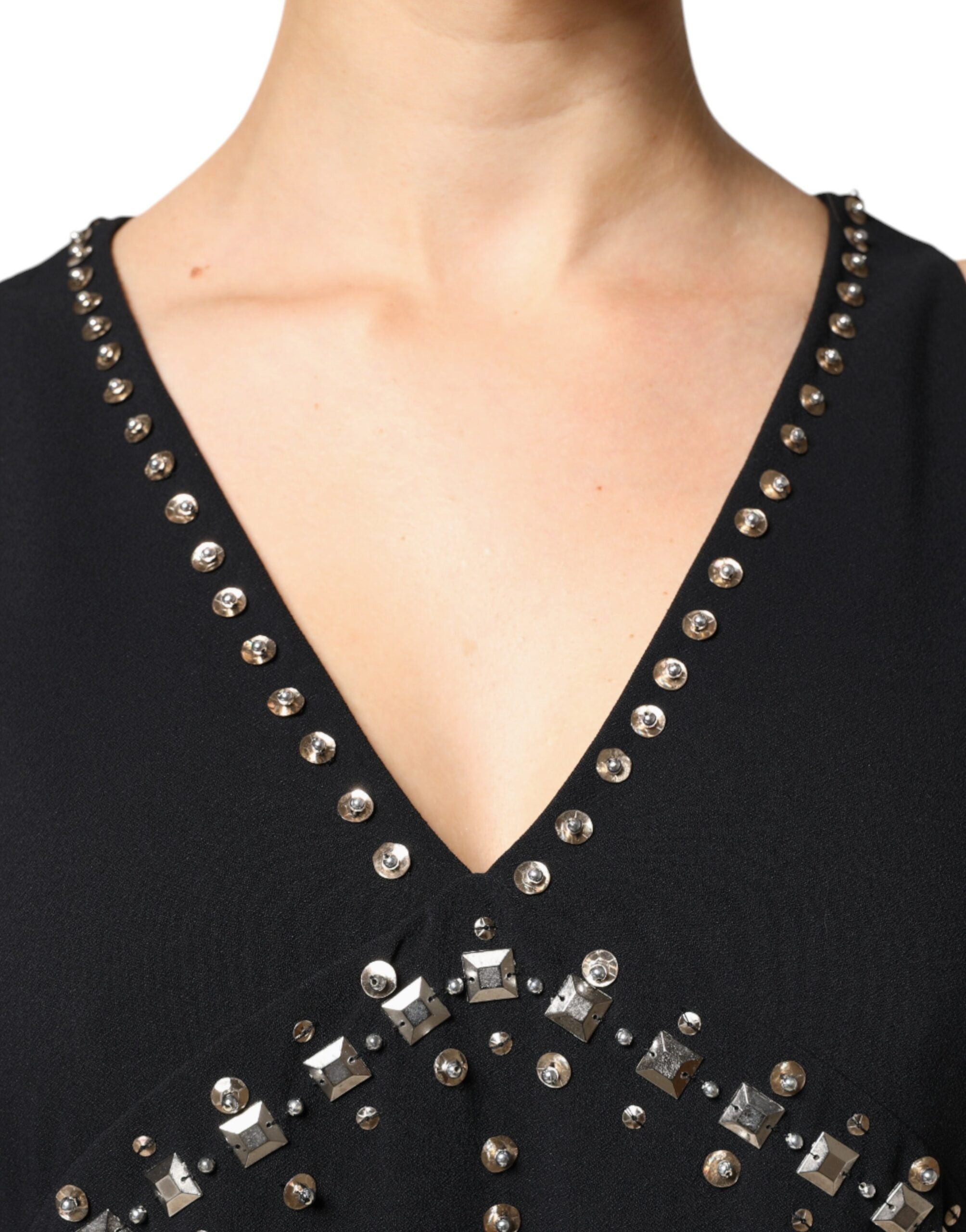 Black Embellished Polyester Sleeveless Shift A-line Mini Dress - ventzia